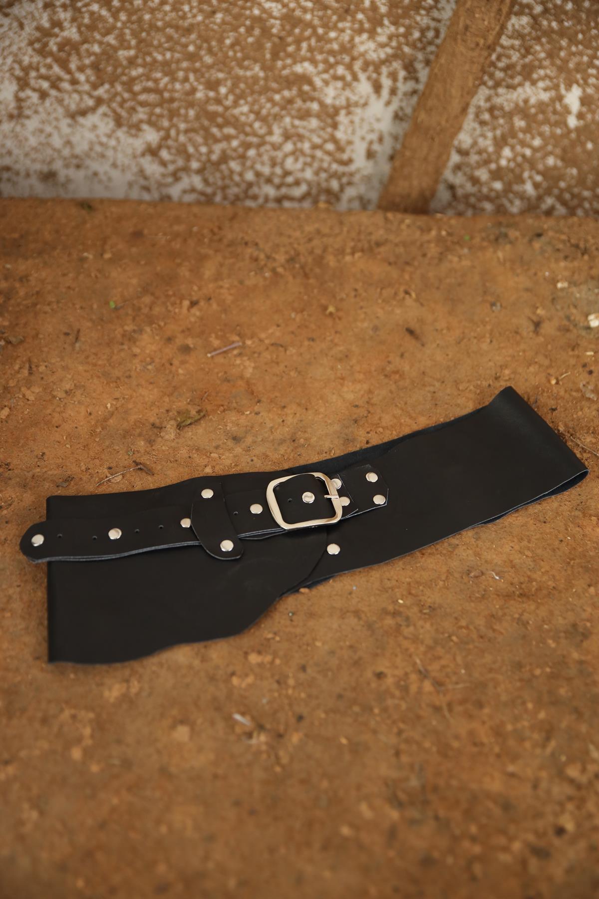Black Stud Detail Patched Leather Belt