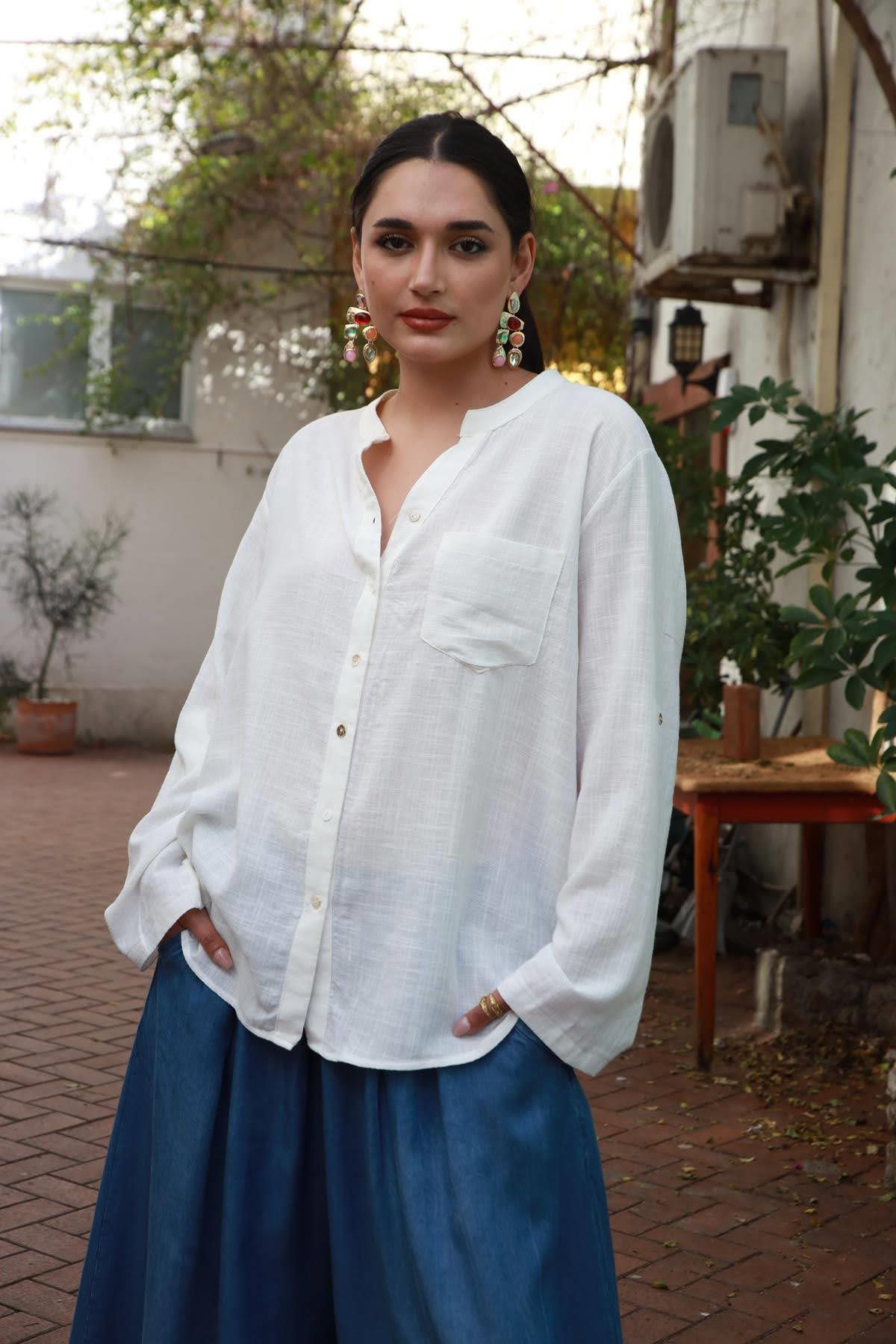 White Mandarin Collar Shirt