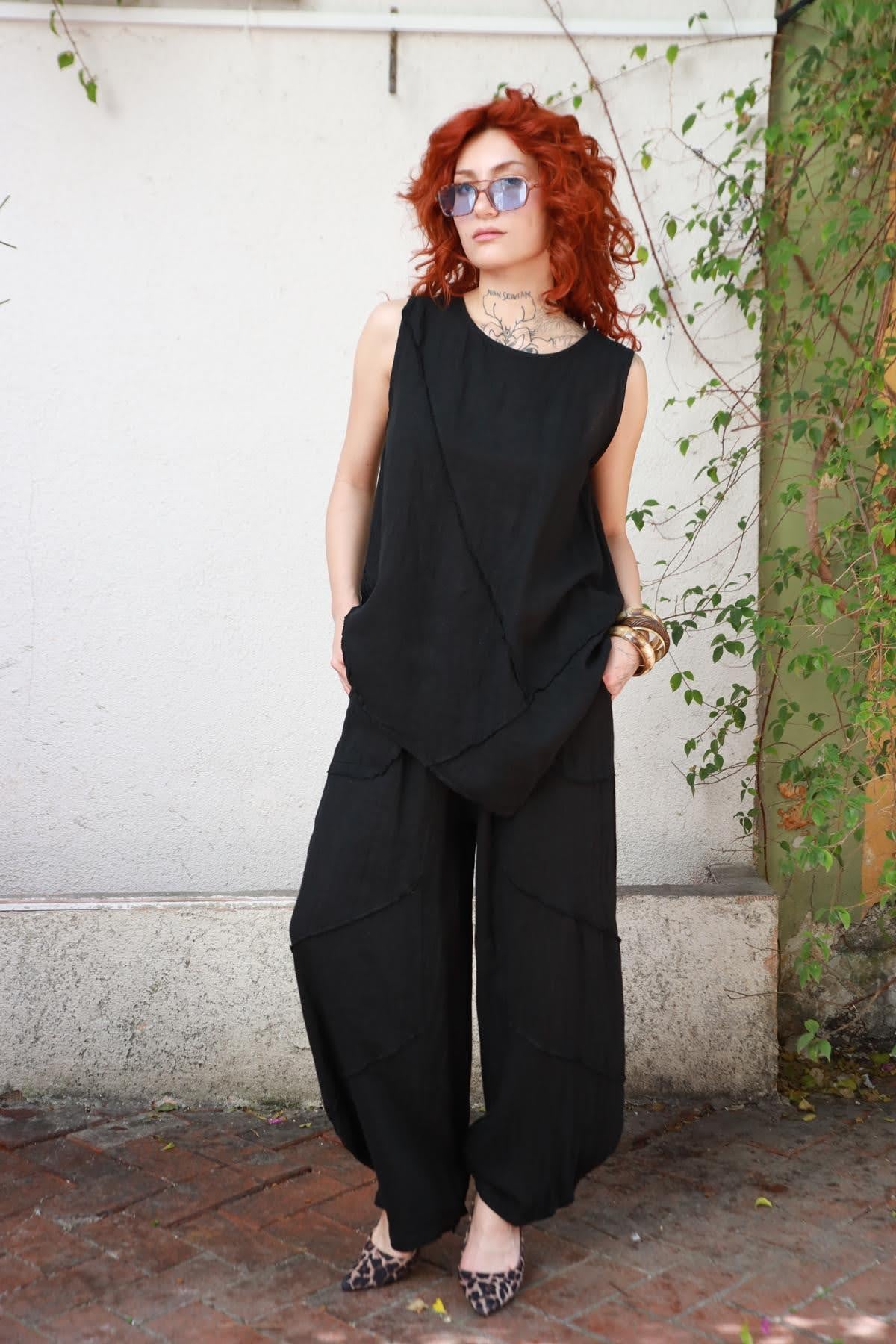 Siyah Asimetrik Dikiş Detaylı Keten Bluz ve Pantolon Takım