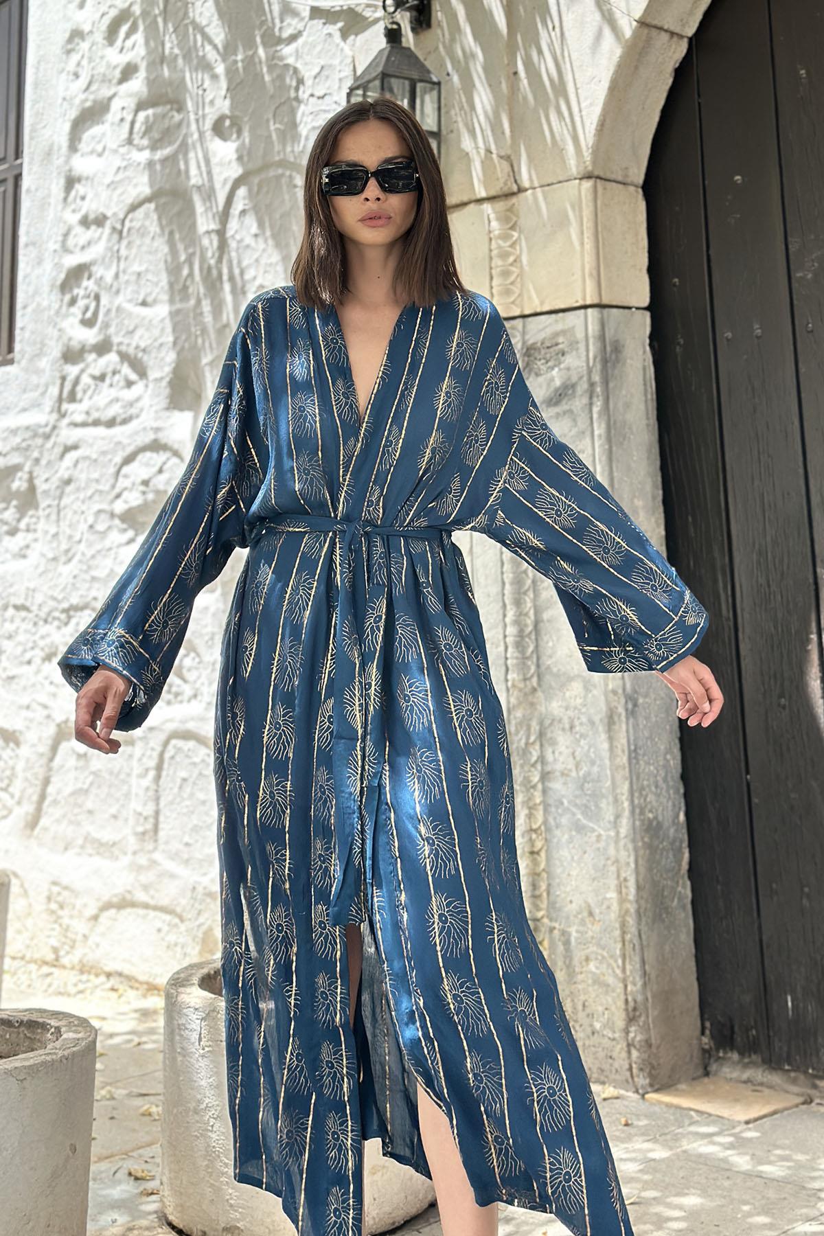 Navy Blue Patterned Pocket Detail Caftan