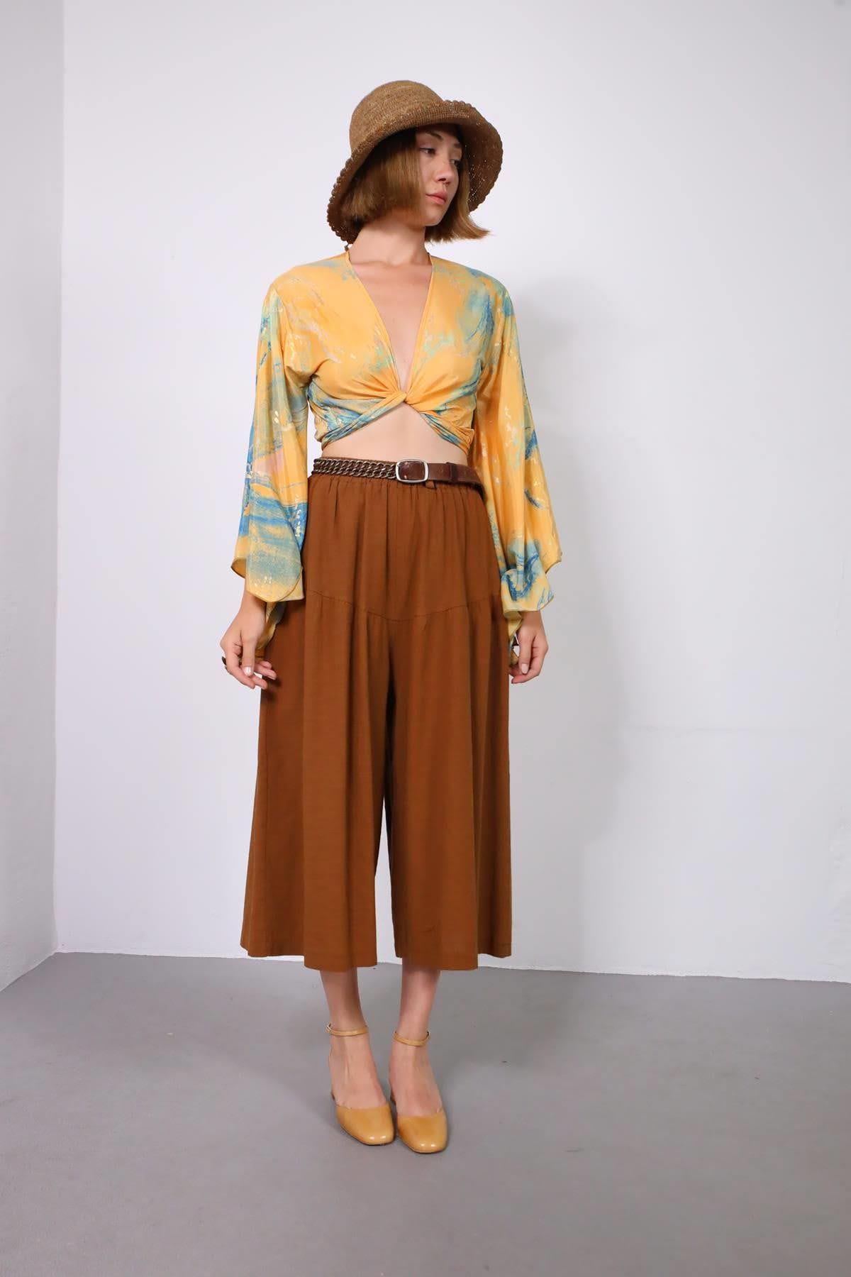  Kahverengi Beli Lastikli Kısa Geniş Paçalı Keten Pantolon