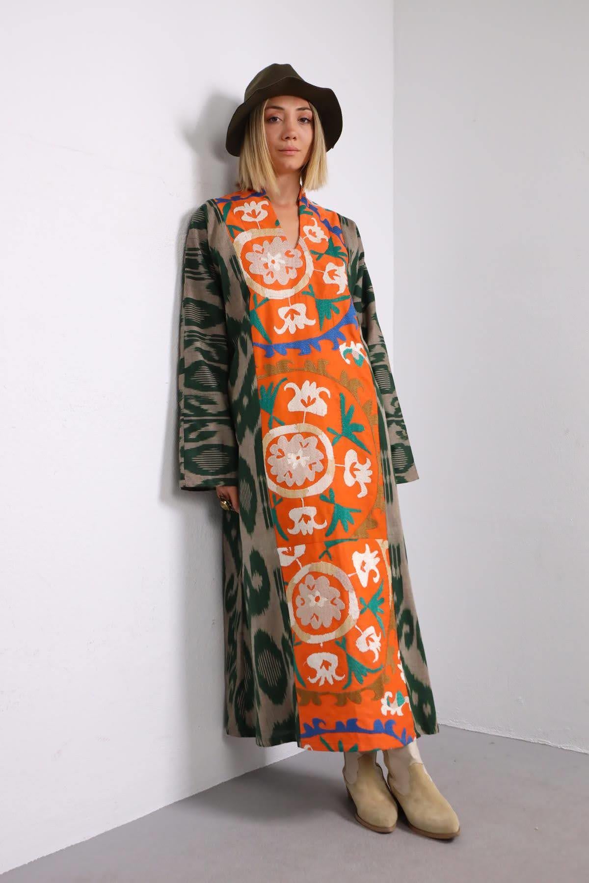 Yeşil Etnik İşlemeli Suzani Elbise - Şaman Butik Yeşil Etnik İşlemeli Suzani Elbise