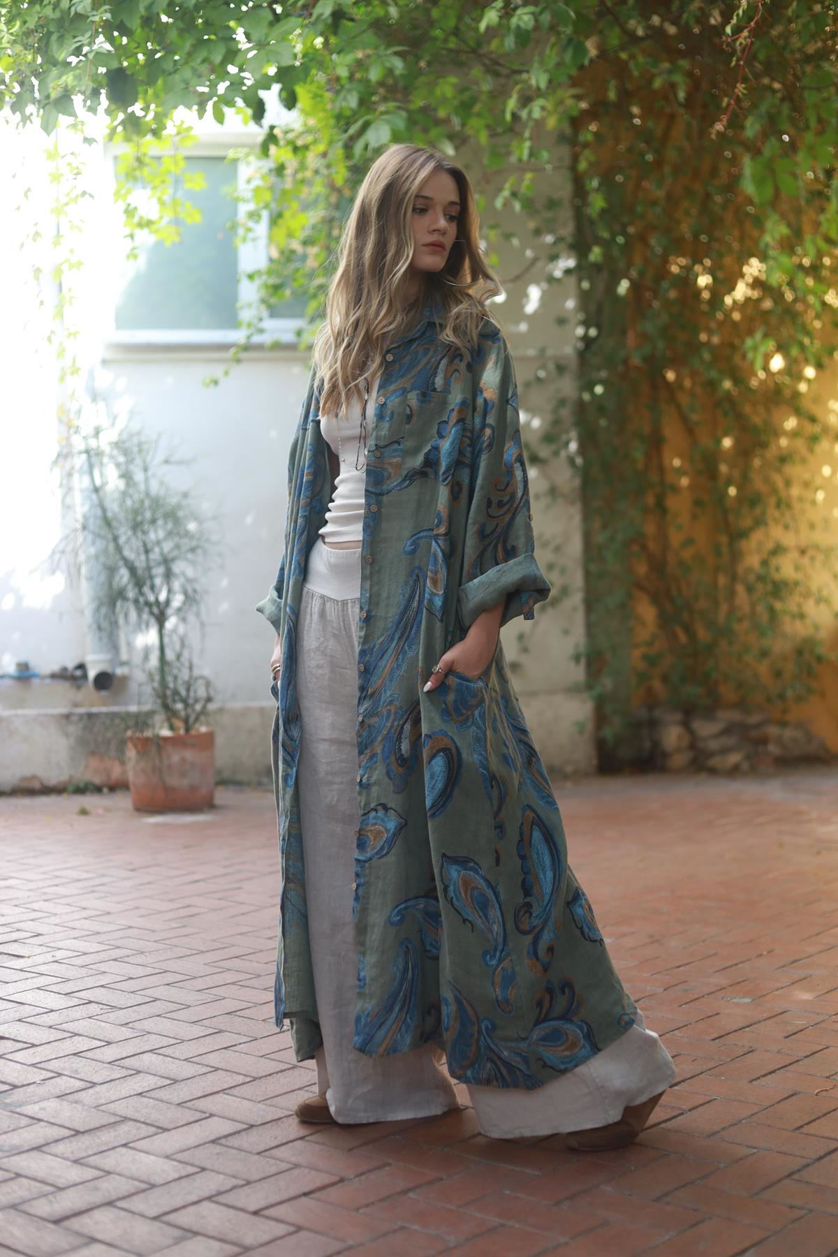 Haki Desenli Keten Gömlek Elbise