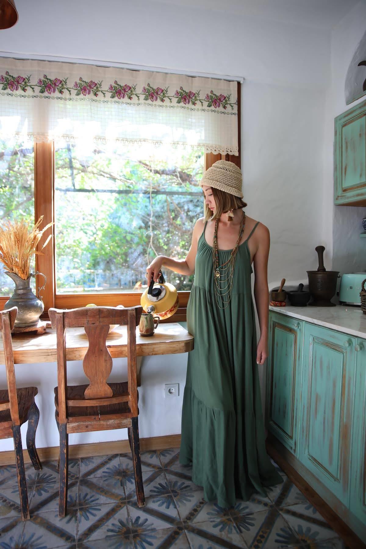 Haki Ayarlanabilir Askılı Maxi Elbise - Şaman Butik Haki Ayarlanabilir Askılı Maxi Elbise