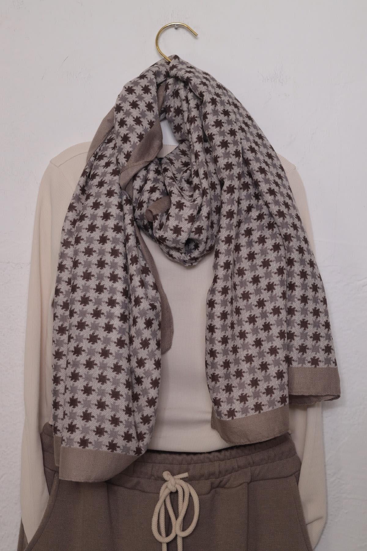 Vizon Rengi Desenli Yünlü Pamuk Şal