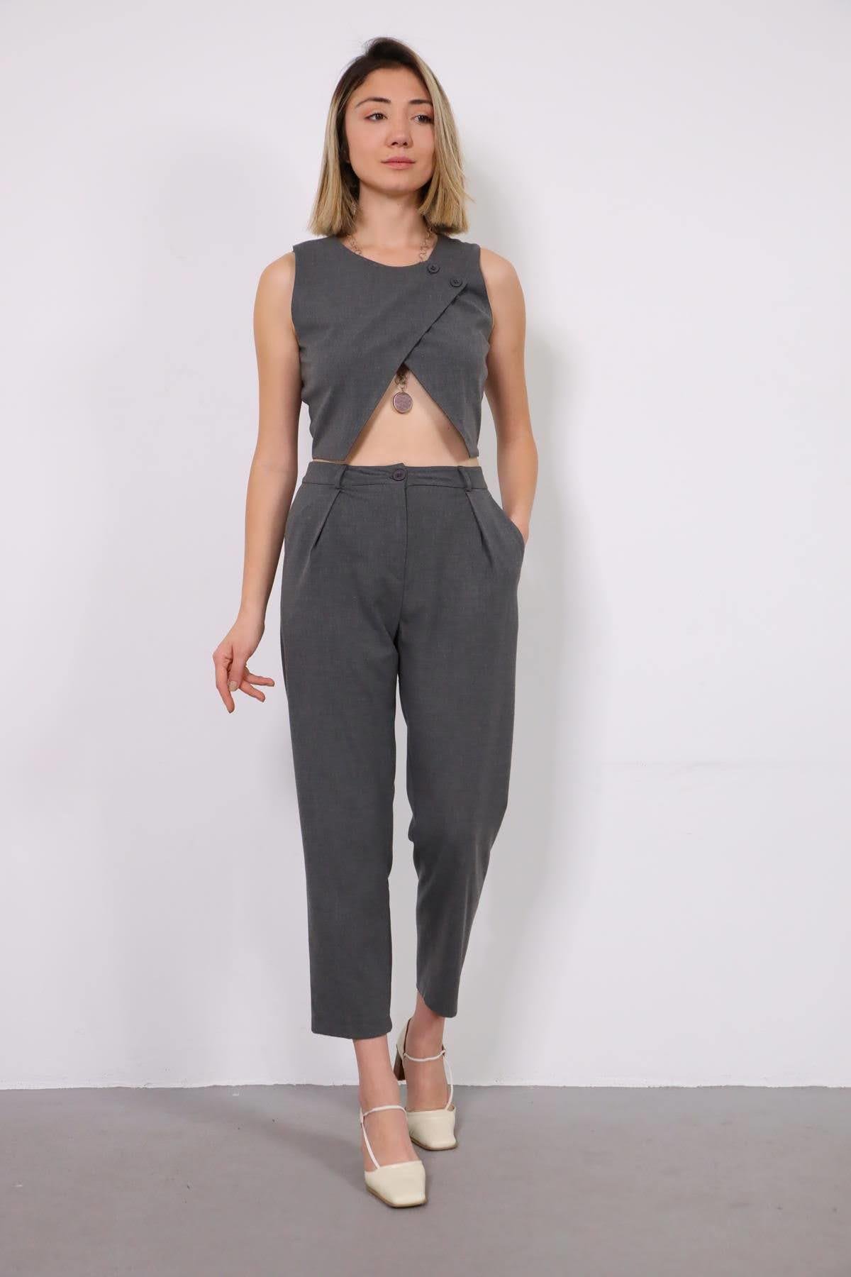  Antrasit Kruvaze Yelek ve Pileli Pantolon Takım