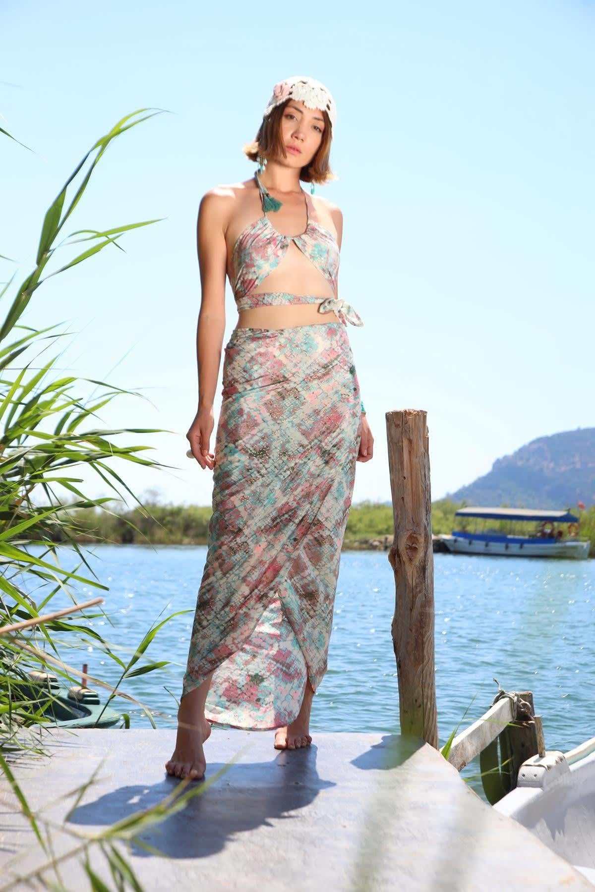 Su Yeşili Desenli İpek Pareo Takım - Şaman Butik Su Yeşili Desenli İpek Pareo Takım