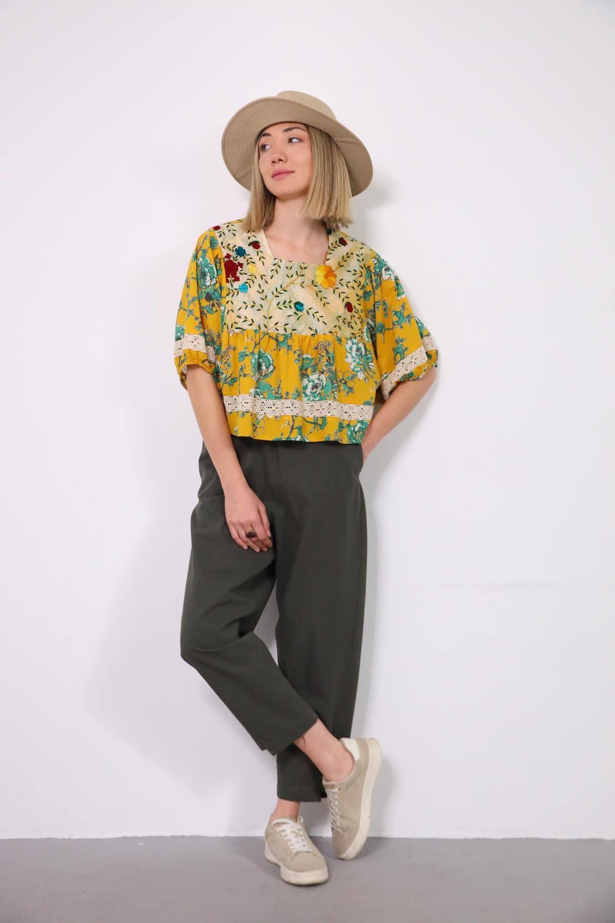 Haki Beli Lastikli Paça Detaylı Pantolon - Şaman Butik Haki Beli Lastikli Paça Detaylı Pantolon