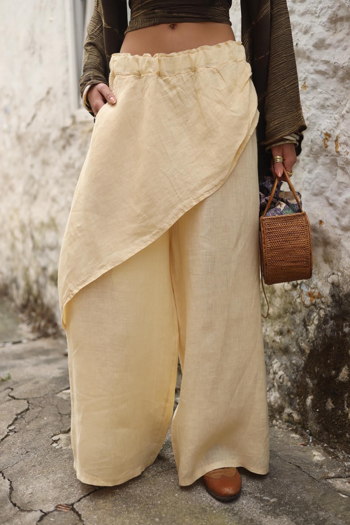 Butter Yellow Önü Kapaklı Keten Pantolon