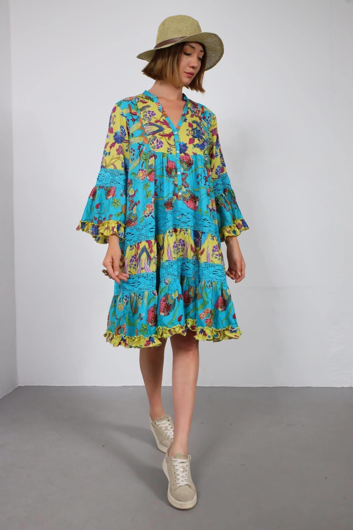 Turkuaz Kolları Volanlı Güpür Detaylı Otantik Elbise - Şaman Butik Turkuaz Kolları Volanlı Güpür Detaylı Otantik Elbise