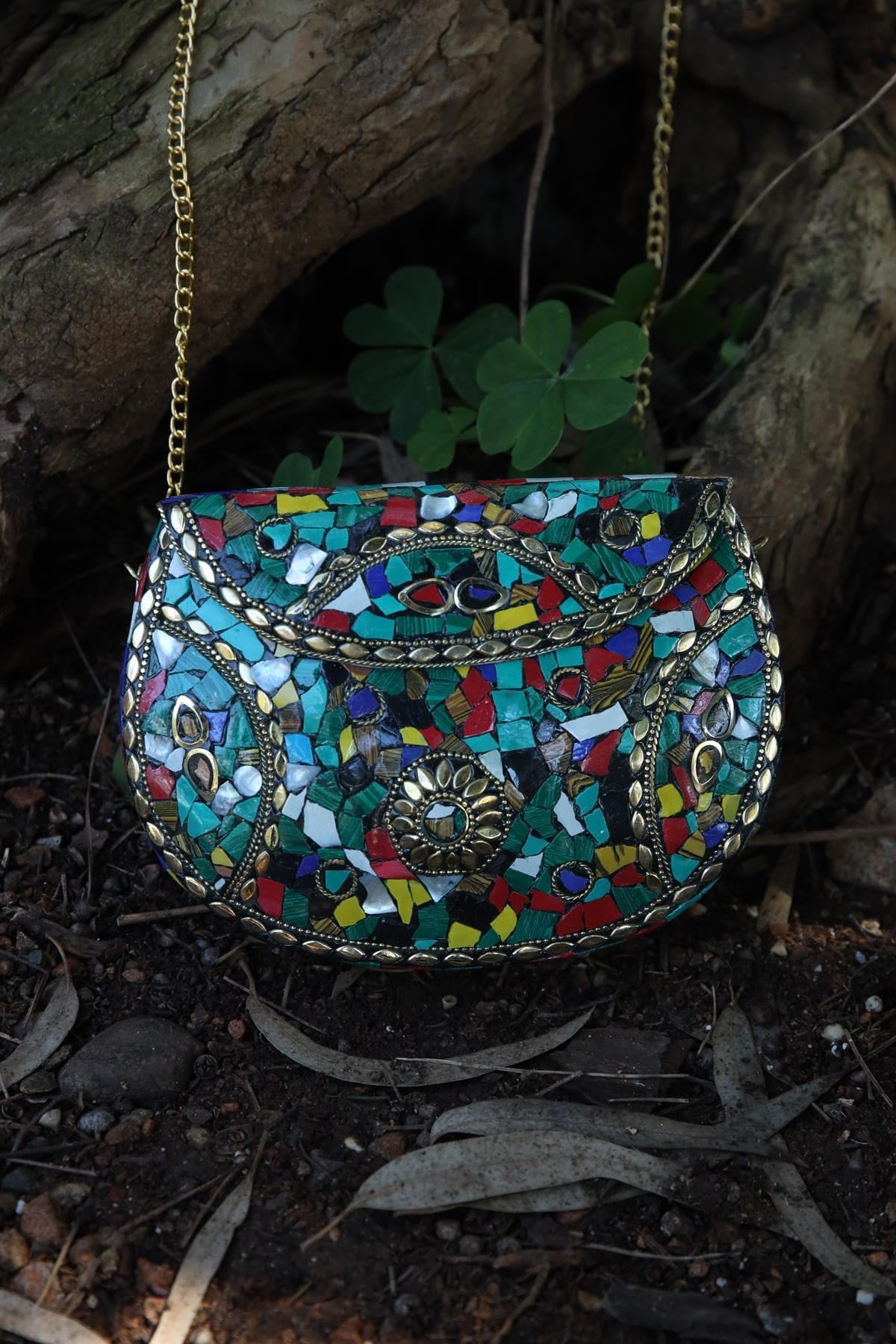 Renkli Mozaik Taşlı Özel Tasarım Çanta