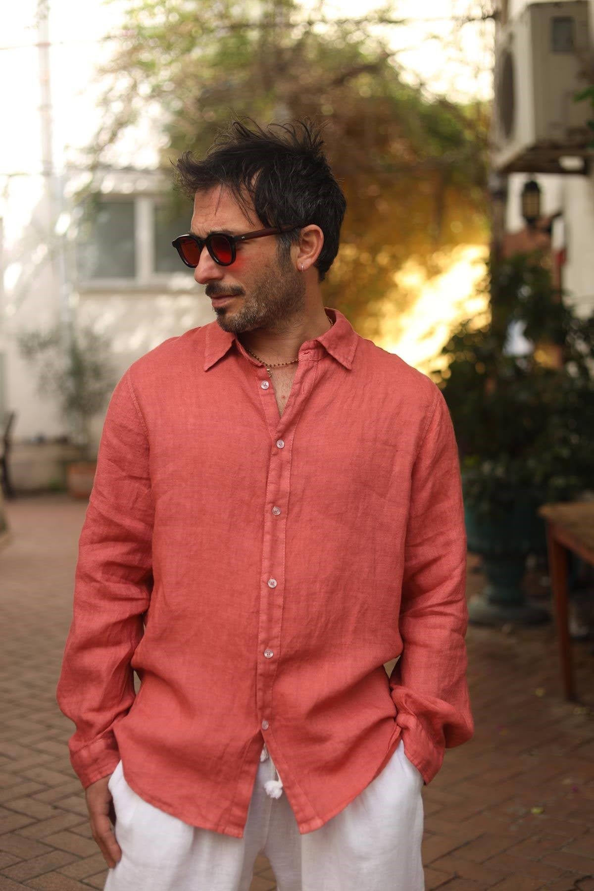 Mercan Rengi Klasik Keten Erkek Gömlek