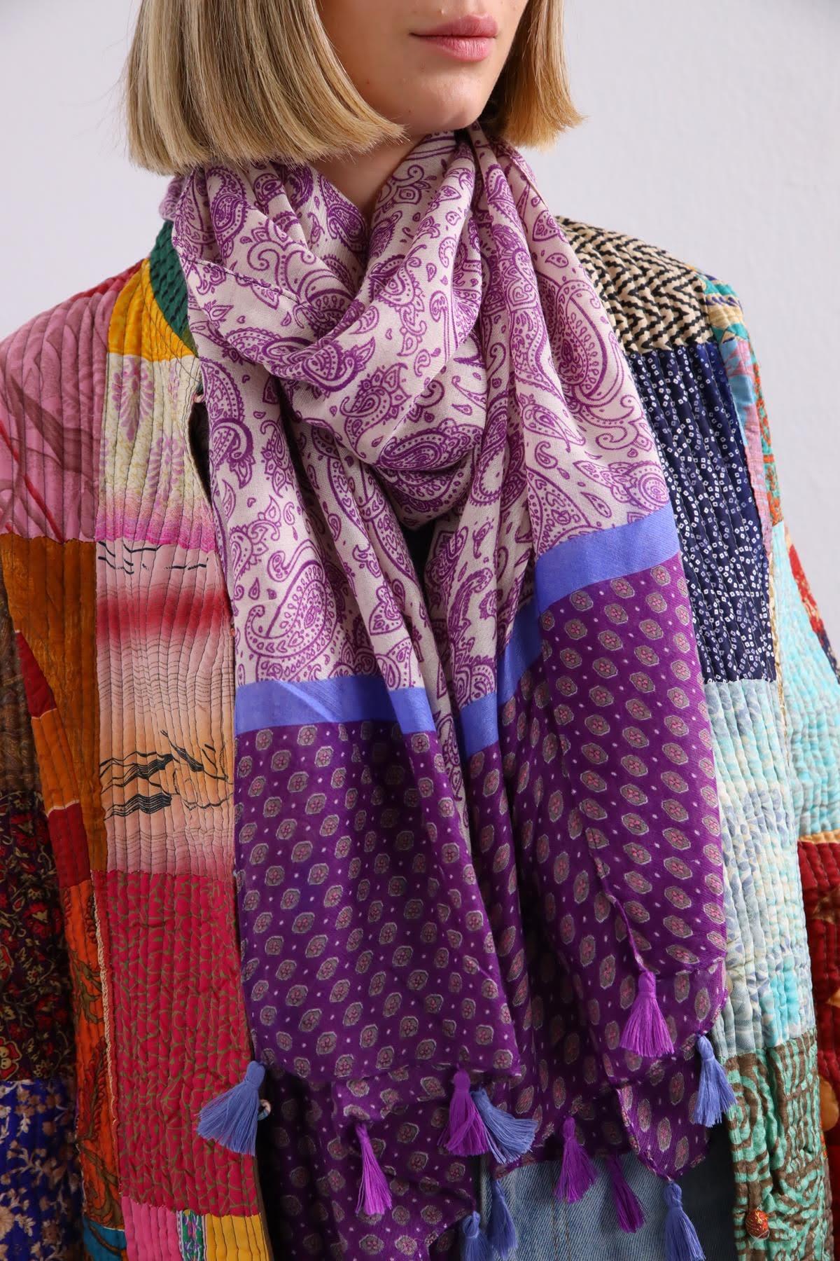 Mor Otantik Püsküllü Şal - Şaman Butik Mor Otantik Püsküllü Şal