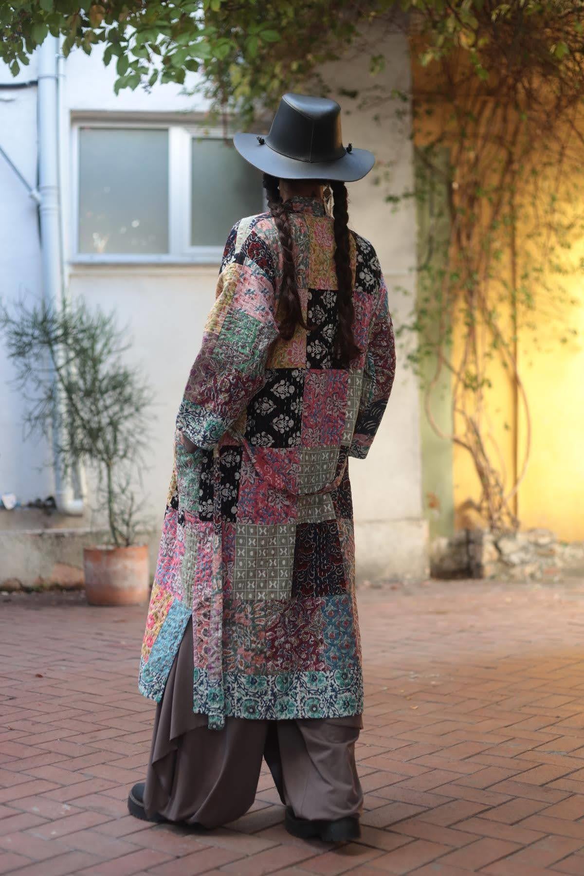 Renkli Patchwork Çoban Dikişli Kaftan