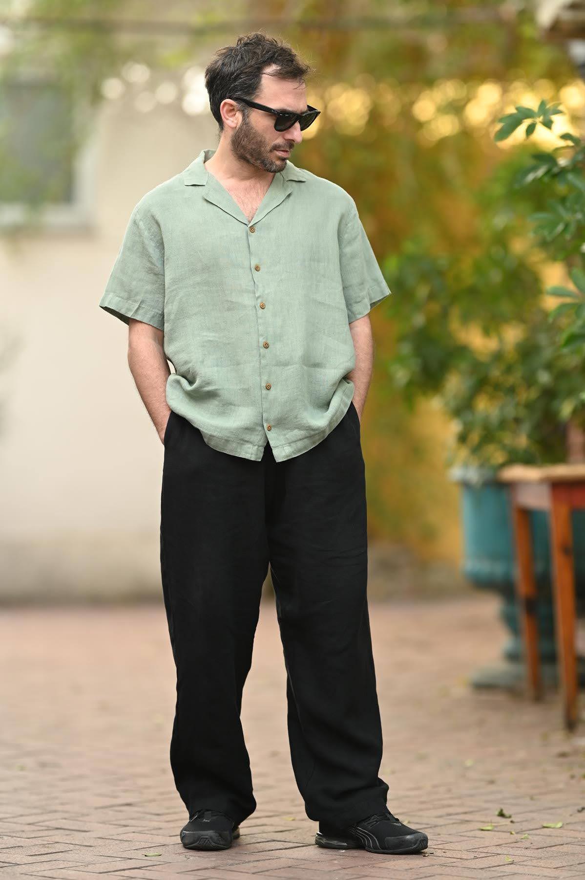 Mint Green Short Sleeve Linen Men's Shirt