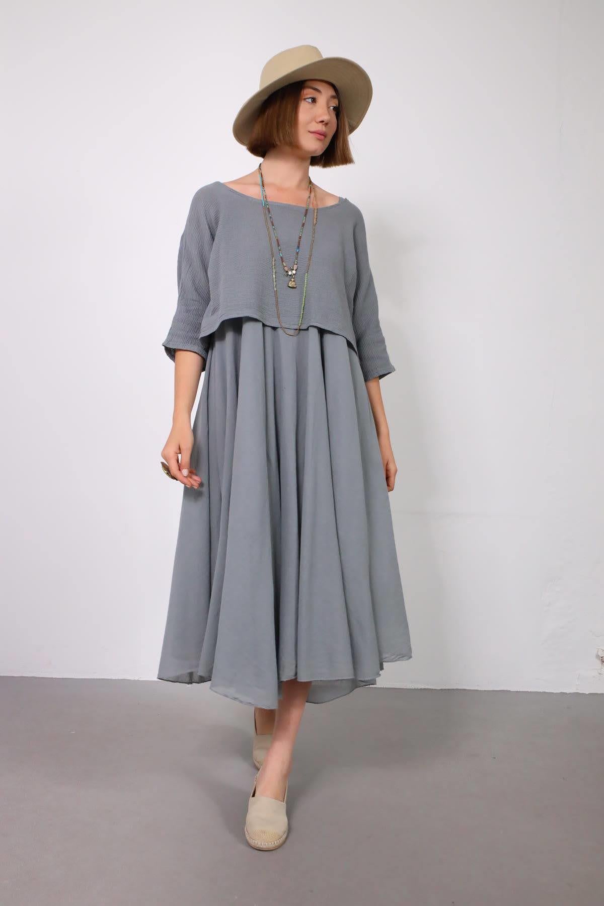 Füme Rengi Askılı Bluz Detaylı Elbise - Şaman Butik Füme Rengi Askılı Bluz Detaylı Elbise