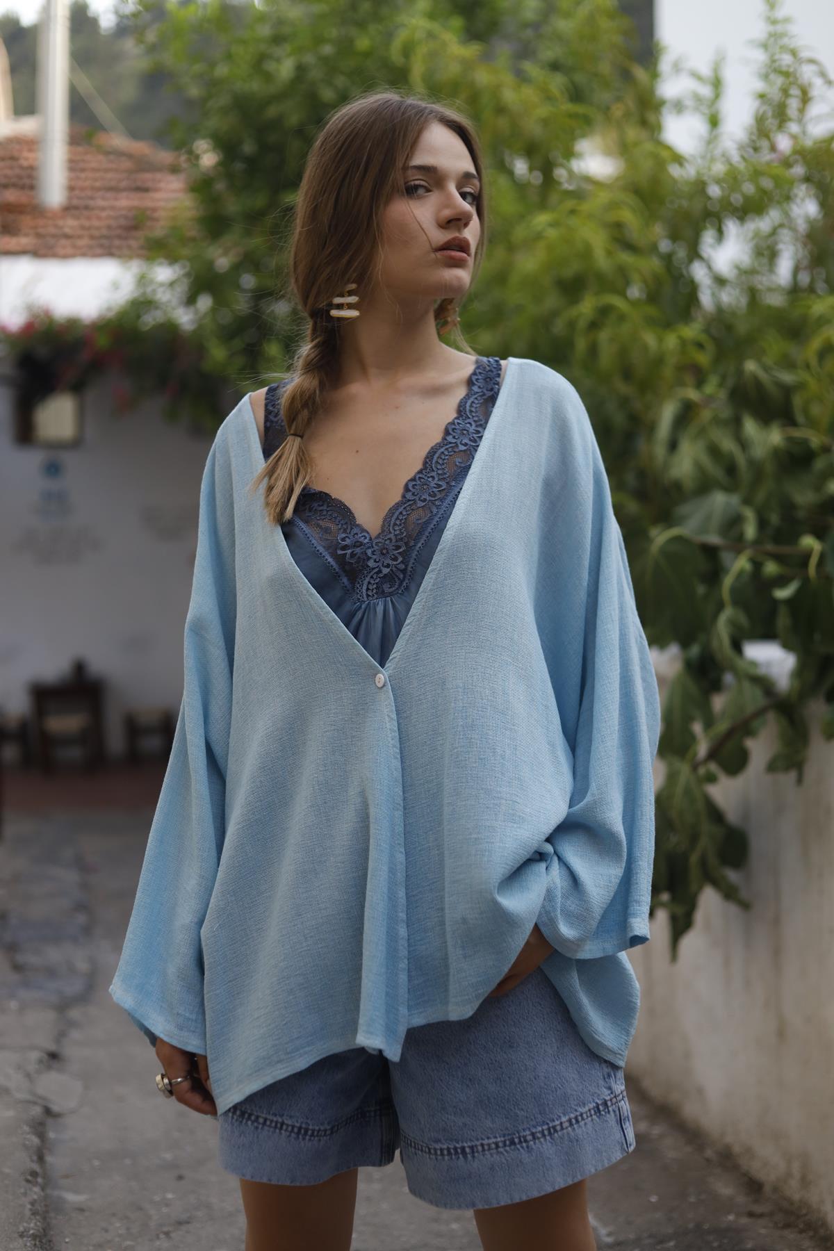 Light Blue Single Button Linen Cardigan