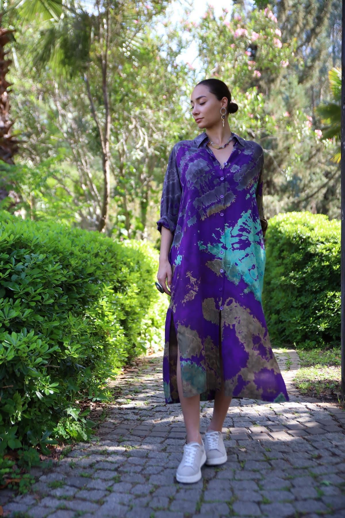 Mor Yırtmaçlı Batik Desenli Gömlek Elbise - Şaman Butik Mor Yırtmaçlı Batik Desenli Gömlek Elbise
