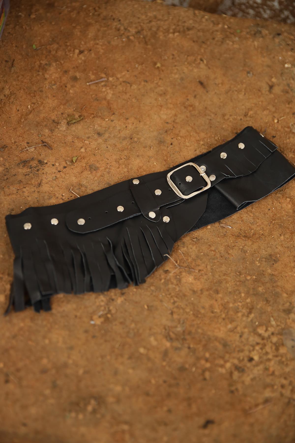 Black Stud Detail Patched Leather Belt