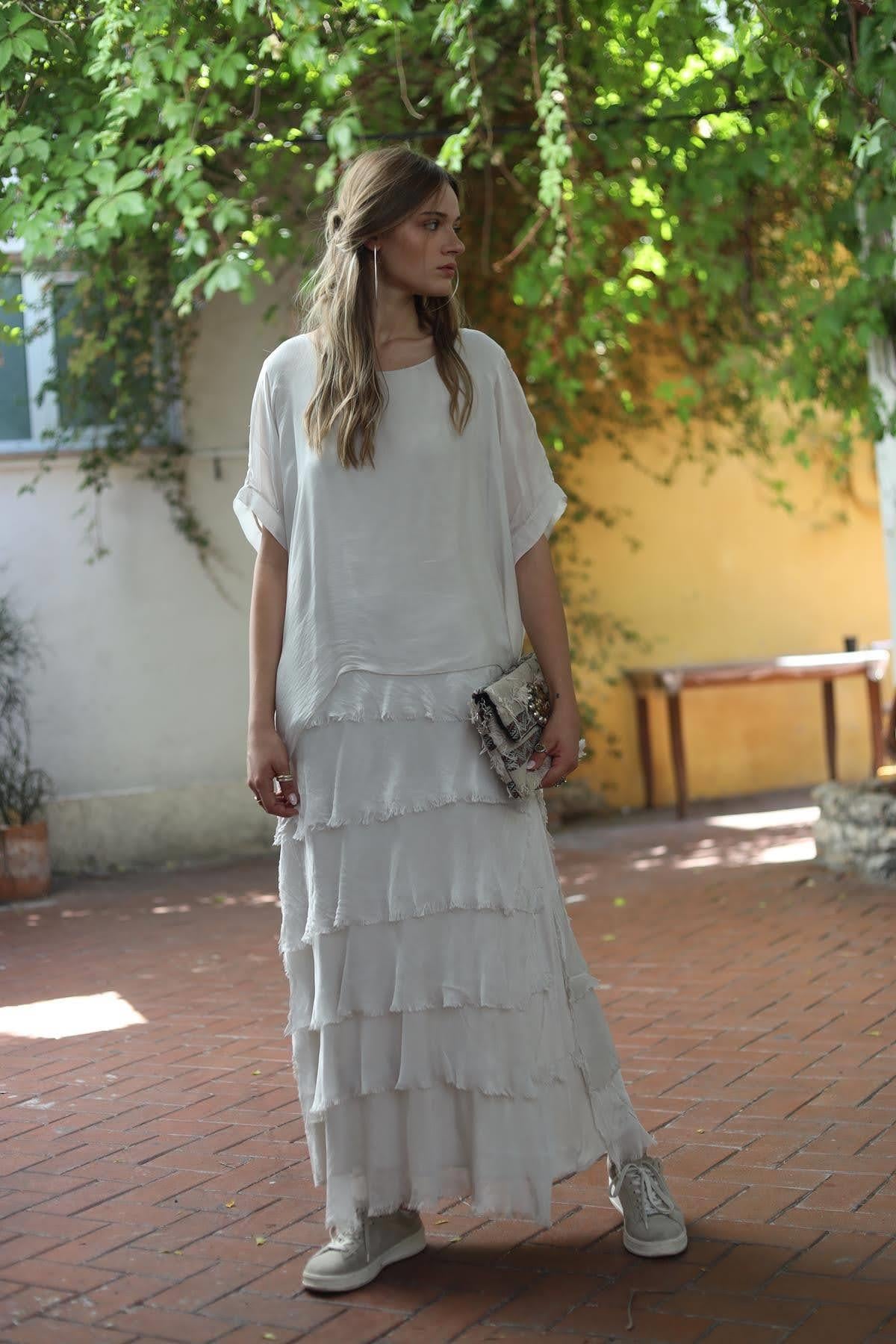 Cream Blouse Detailed Layered Silk Dress