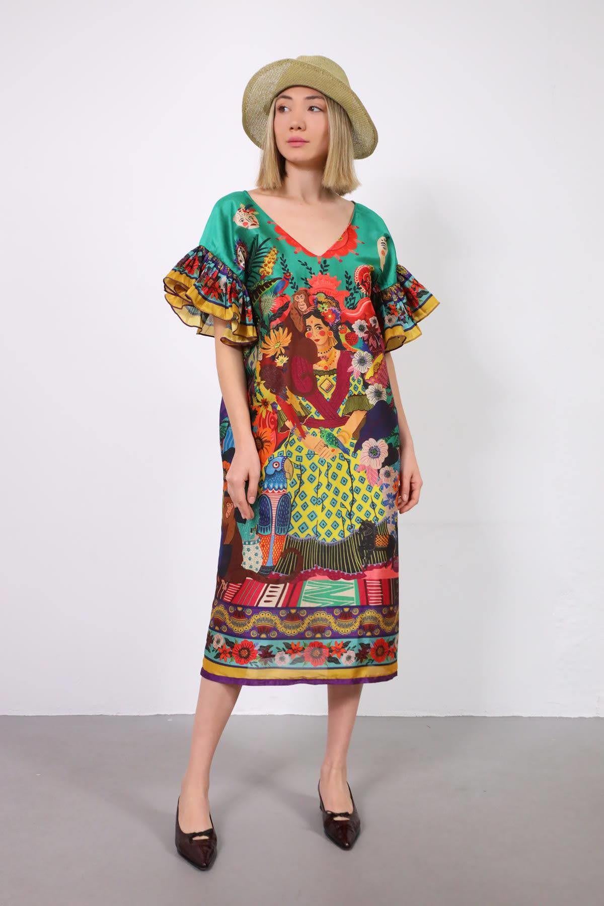 Renkli V Yaka Etnik Desenli İpek Elbise - Şaman Butik Renkli V Yaka Etnik Desenli İpek Elbise