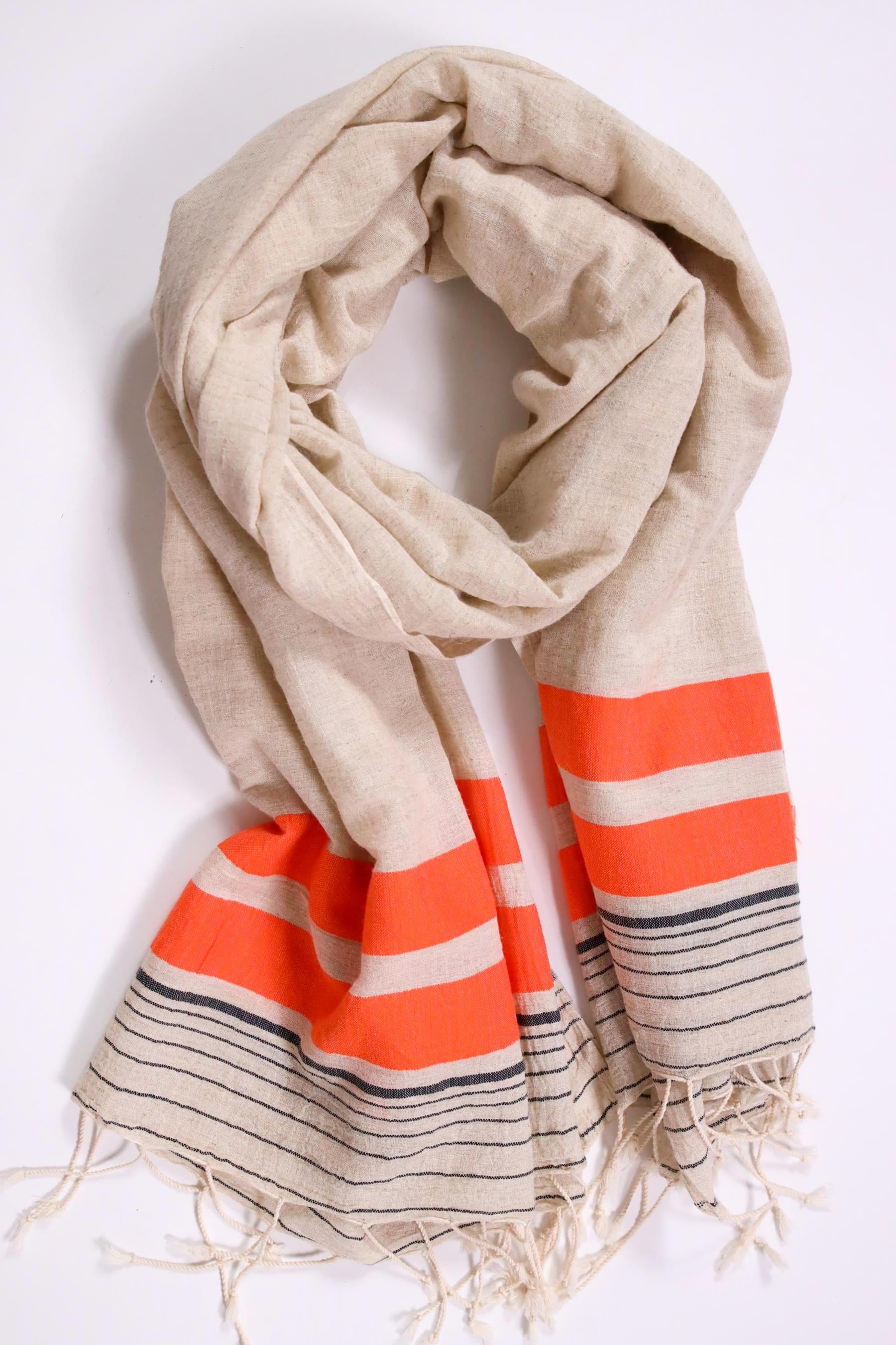 Turuncu Çizgili Keten Hale Şal - Şaman Butik Turuncu Çizgili Keten Hale Şal