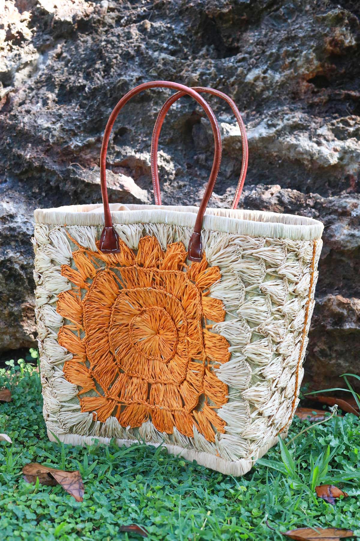 Orange Floral Patterned Raffia Bag