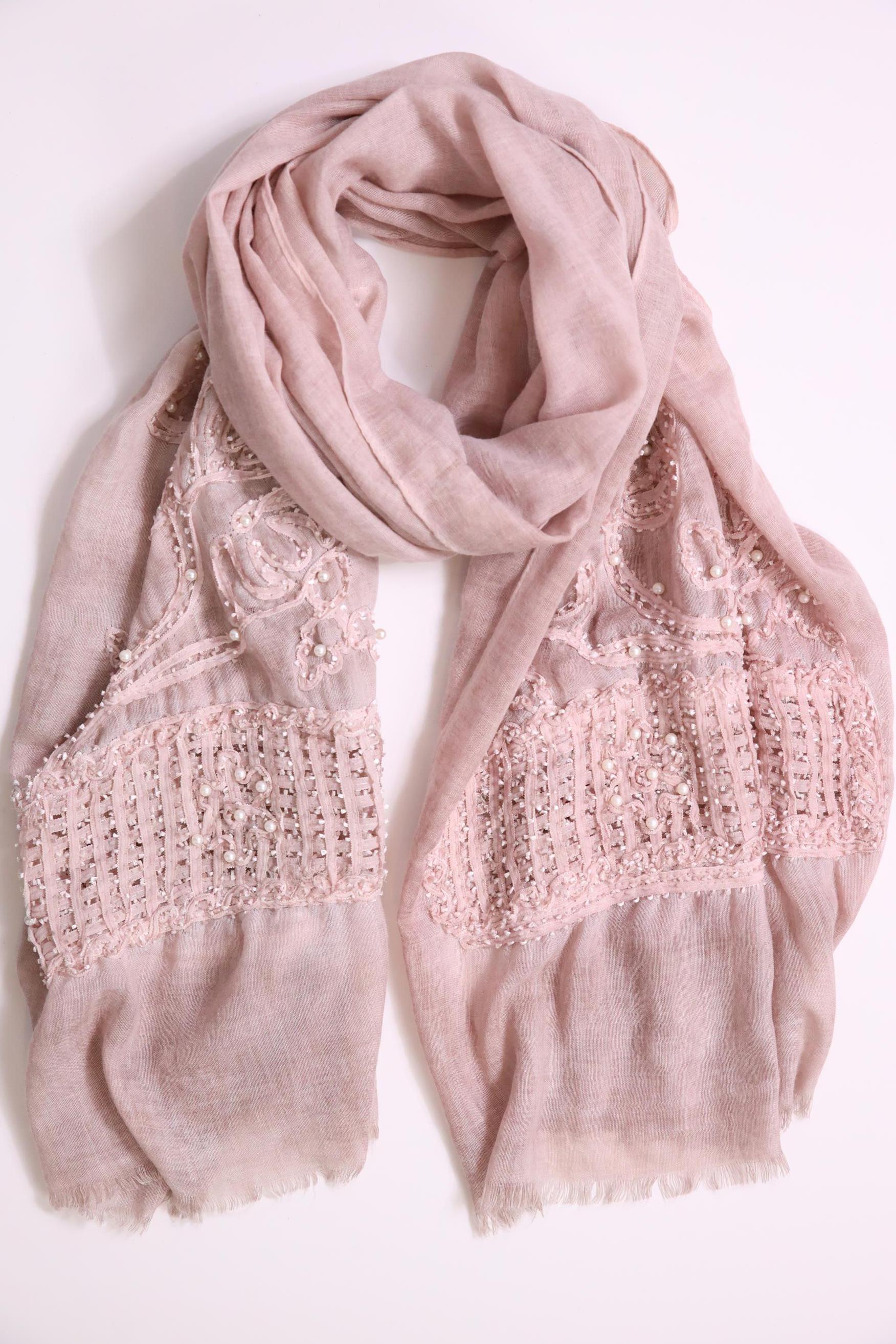  Pudra Pembe File Detay İnci İşlemeli Şal