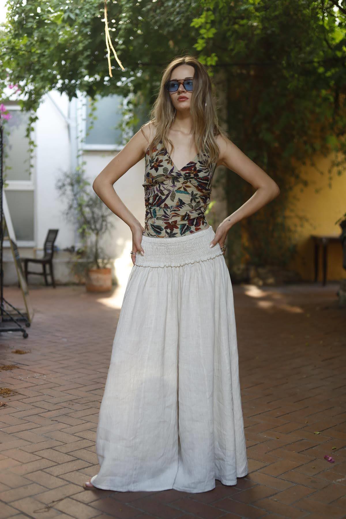 Krem Rengi Beli Gipeli Dikiş Detaylı Keten Pantolon