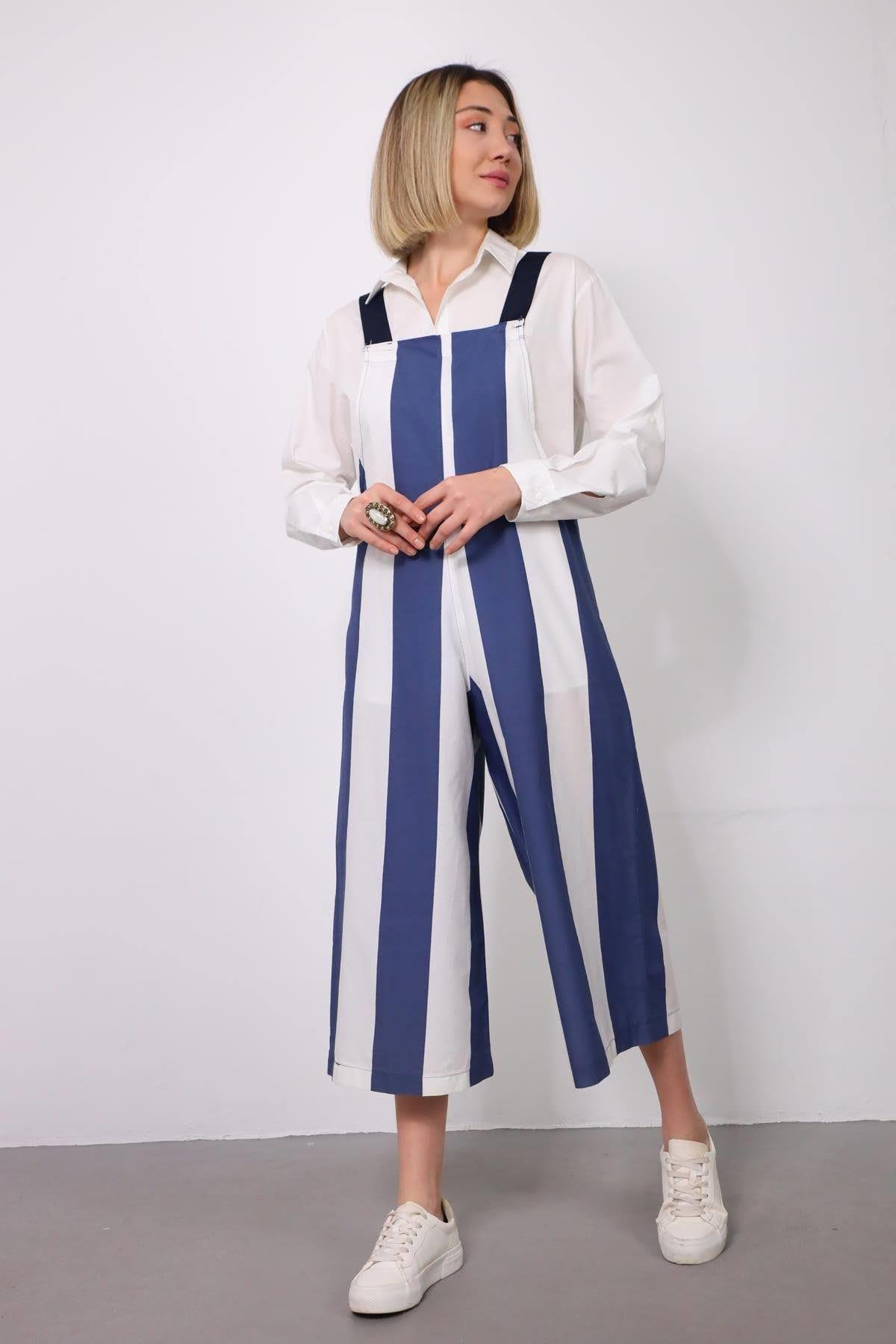 Mavi Çizgili Salopet Tulum - Şaman Butik - Bohem Giyim ve Aksesuar | Kadın & Erkek Mavi Çizgili Salopet Tulum