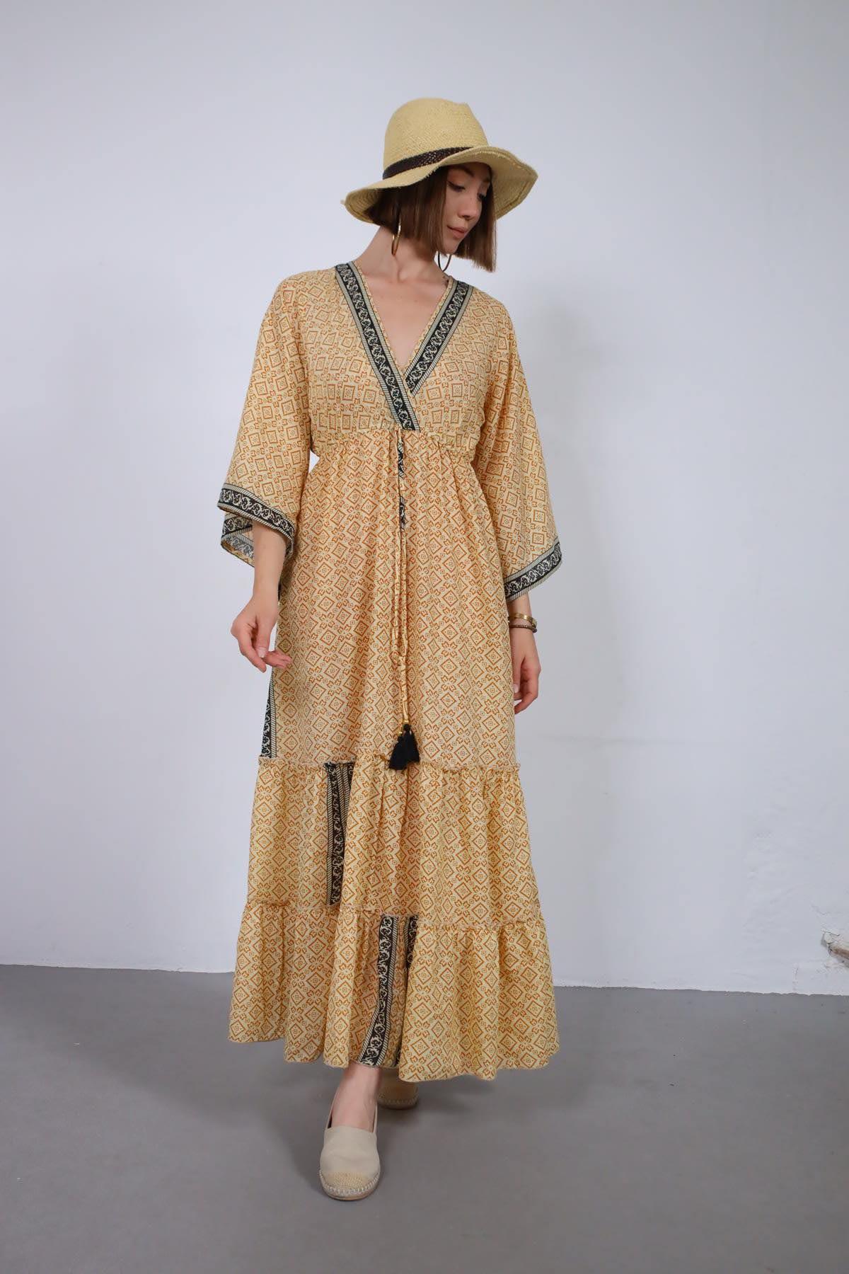 Hardal Rengi Kruvaze Yaka Yarasa Kol Elbise - Şaman Butik Hardal Rengi Kruvaze Yaka Yarasa Kol Elbise