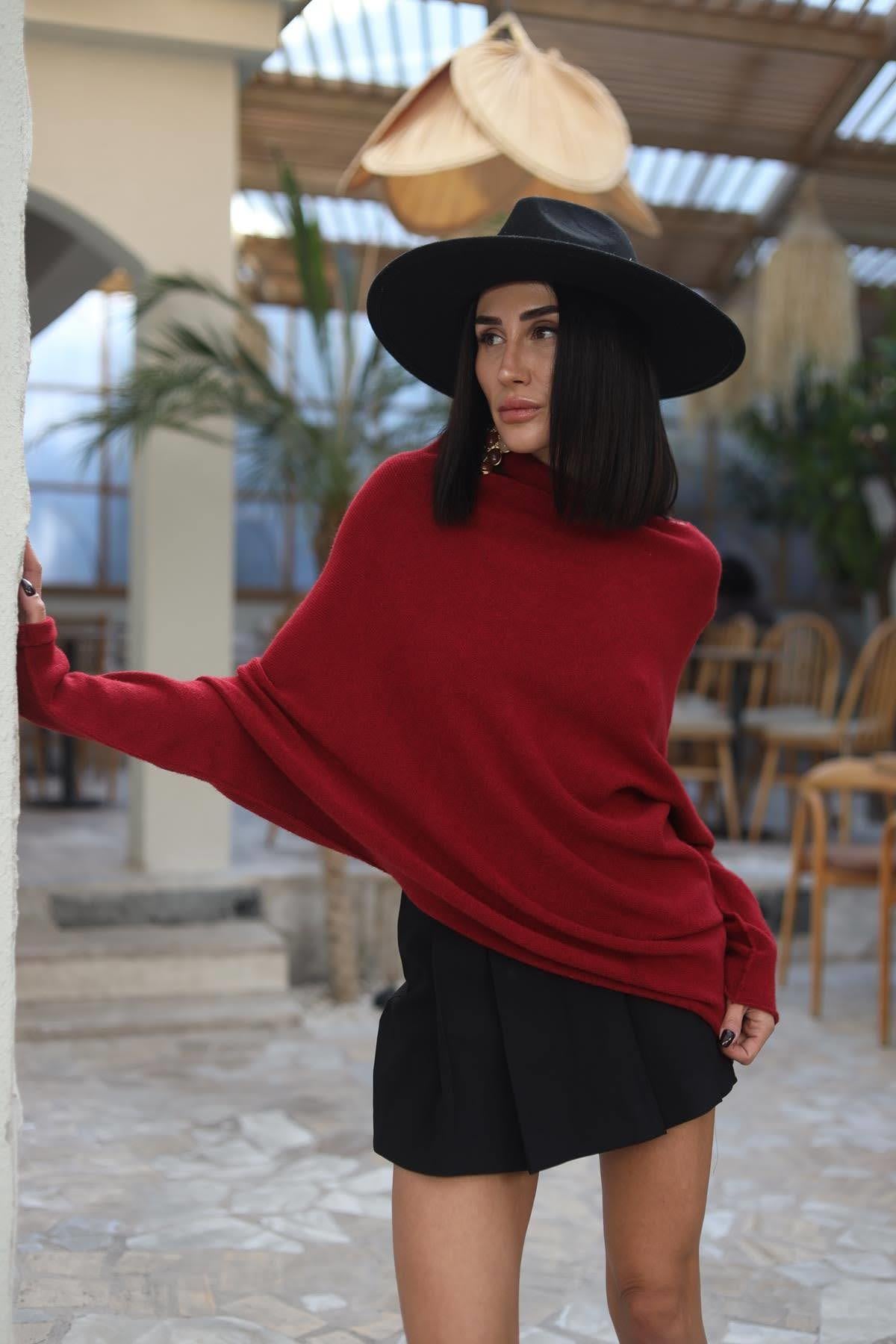 Bordo Asimetrik Kesim Triko Bluz