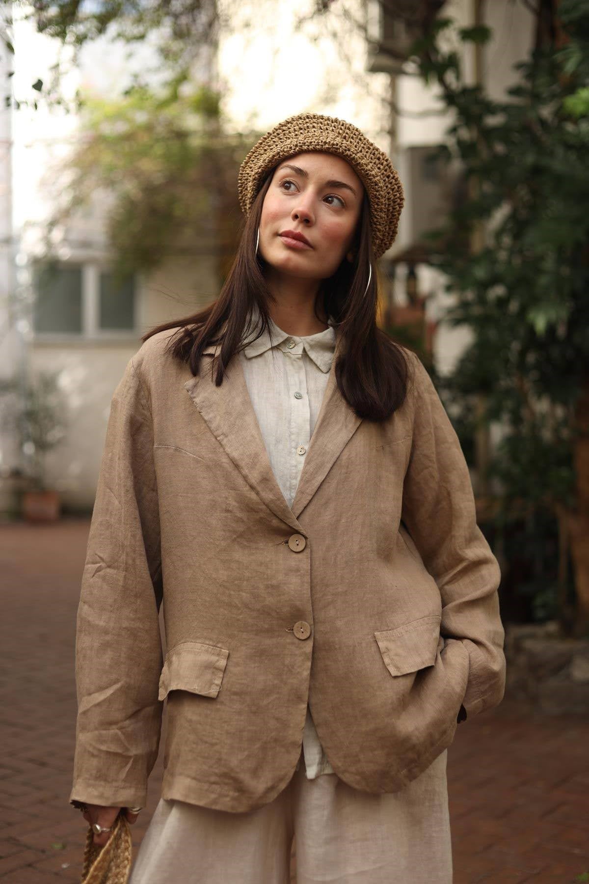 Camel Rengi Sahte Cepli Keten Ceket