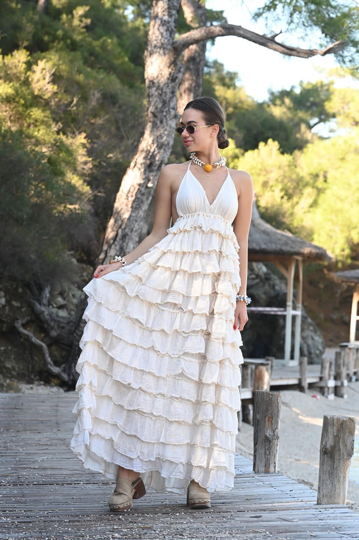 Ekru Sırt Dekolteli Kat Kat Bohem Elbise