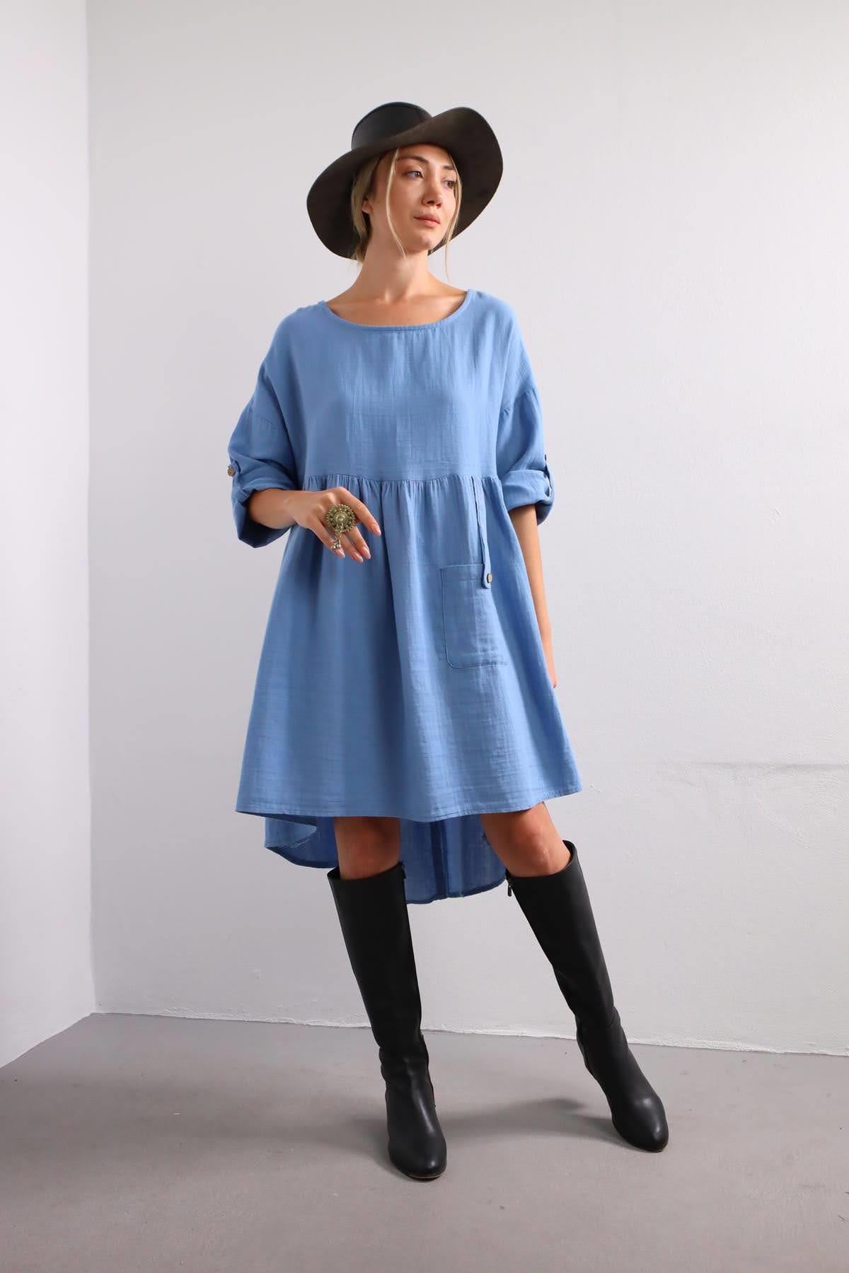 Mavi Tek Cepli Kolu Apoletli Müslin Elbise - Şaman Butik Mavi Tek Cepli Kolu Apoletli Müslin Elbise