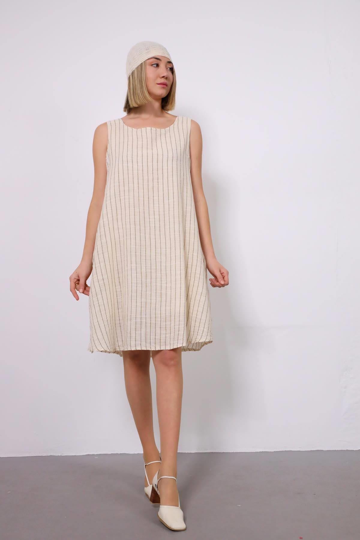 Haki Çizgili Kolsuz Elbise - Şaman Butik Haki Çizgili Kolsuz Elbise