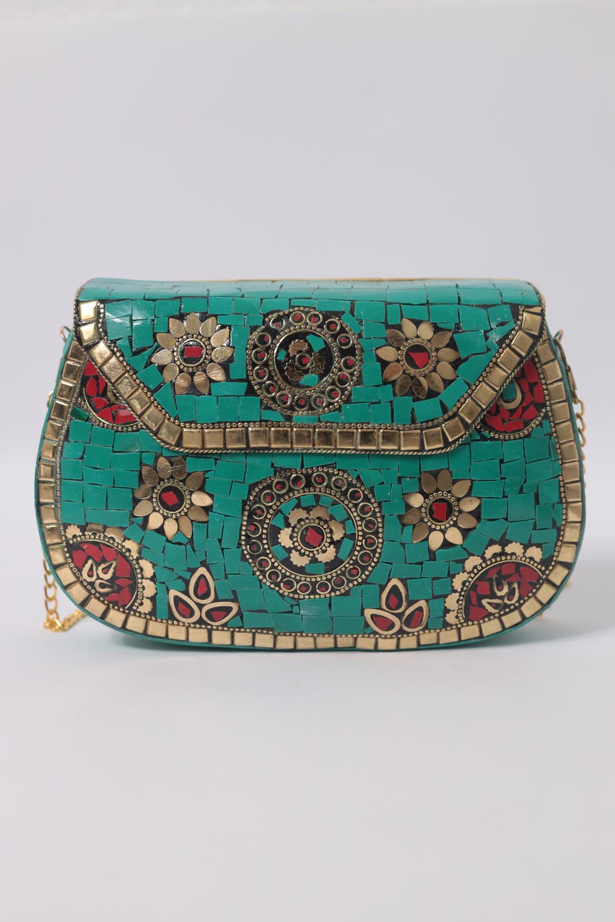 Mint Yeşili Taşlı Özel Tasarım Çanta