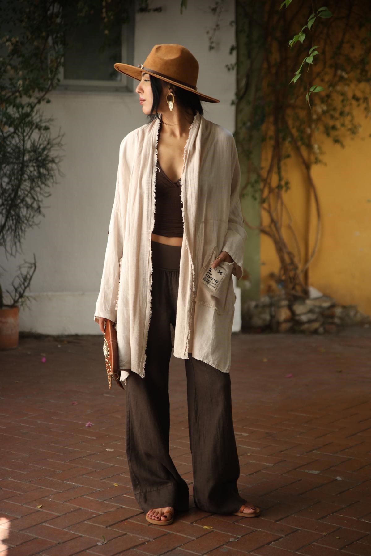 Taş Rengi Soft Keten Parçalı Asimetrik Kaftan