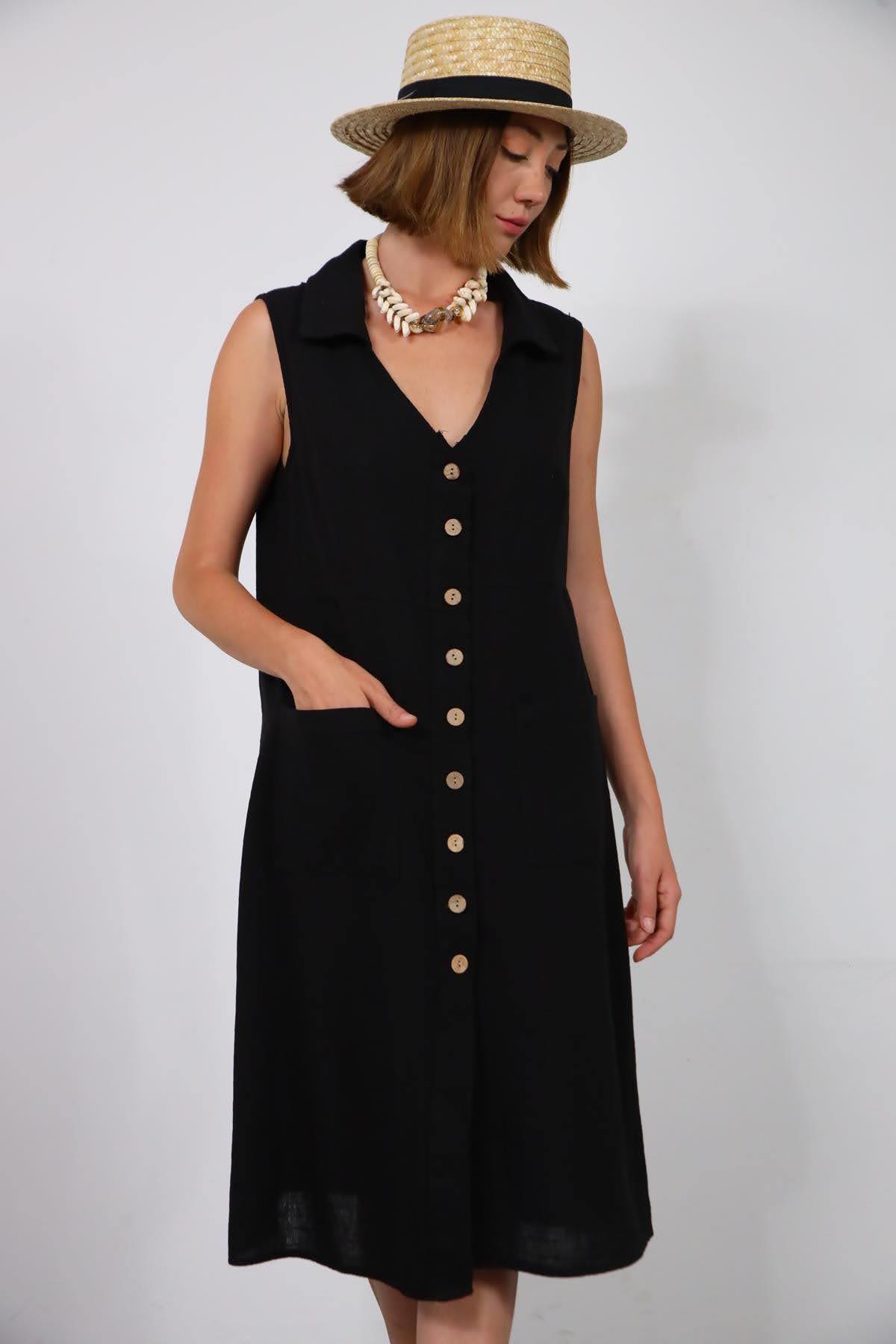  Siyah V Yaka Cepli Keten Gömlek Elbise