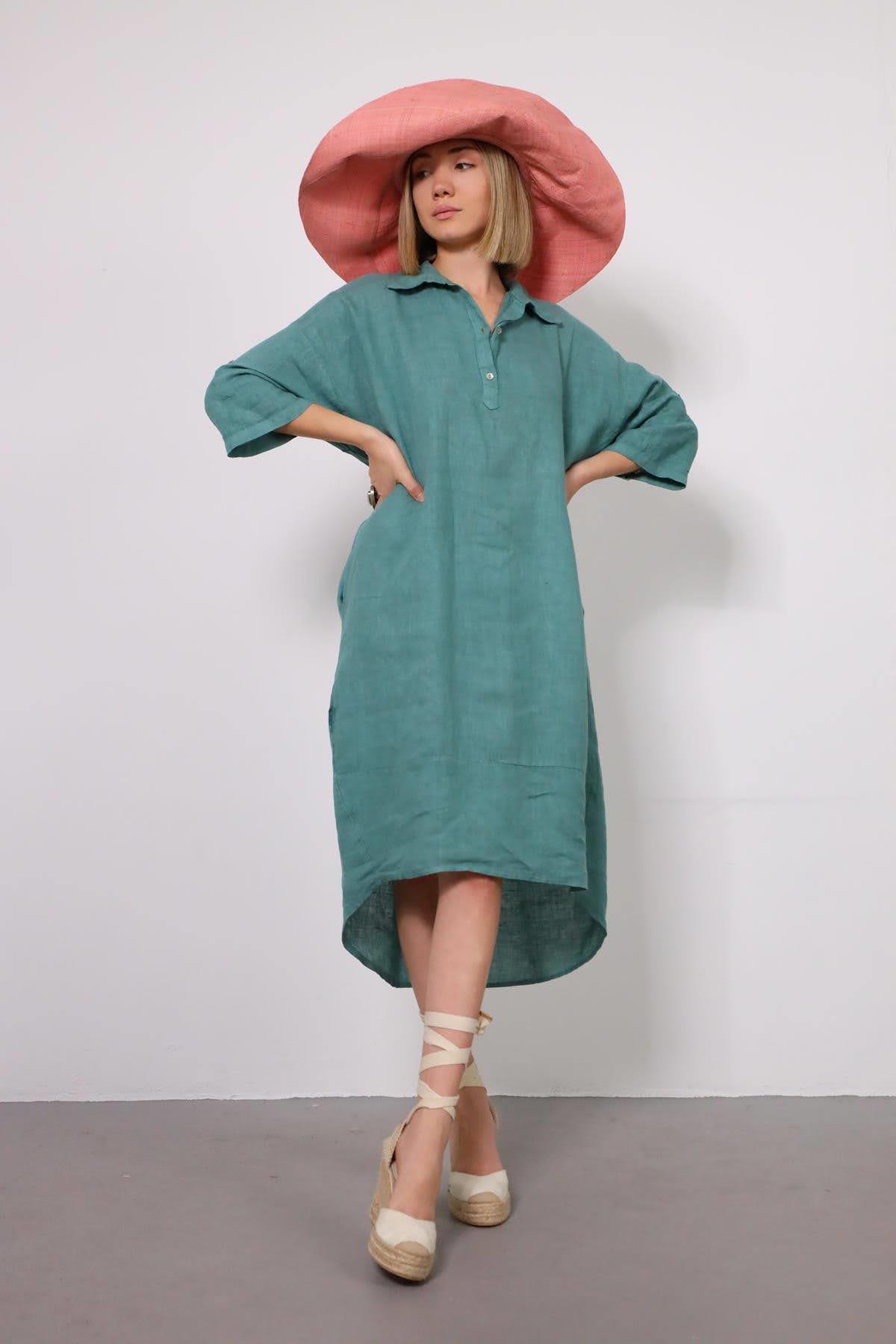 Mint Yeşili Keten Gömlek Elbise - Şaman Butik Mint Yeşili Keten Gömlek Elbise