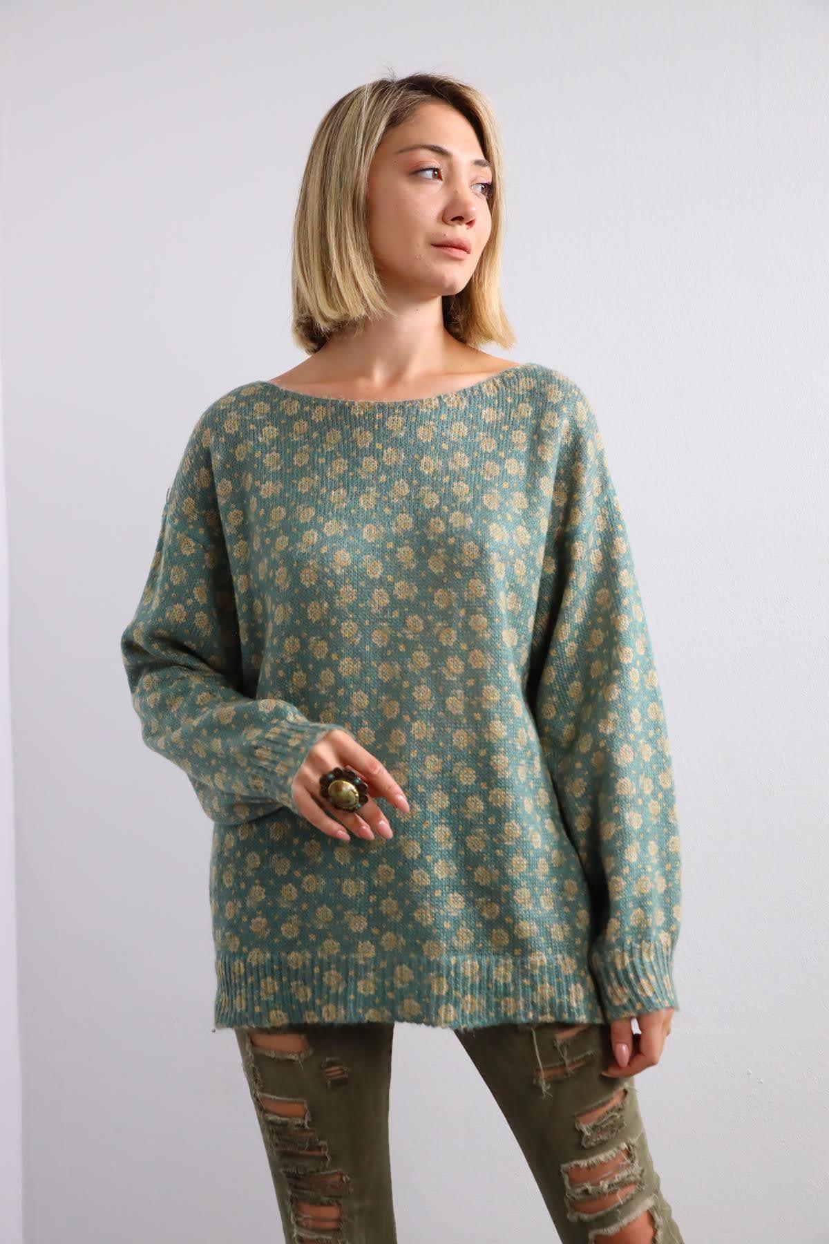 Yeşil Çiçek Desenli Triko Kazak - Şaman Butik Yeşil Çiçek Desenli Triko Kazak