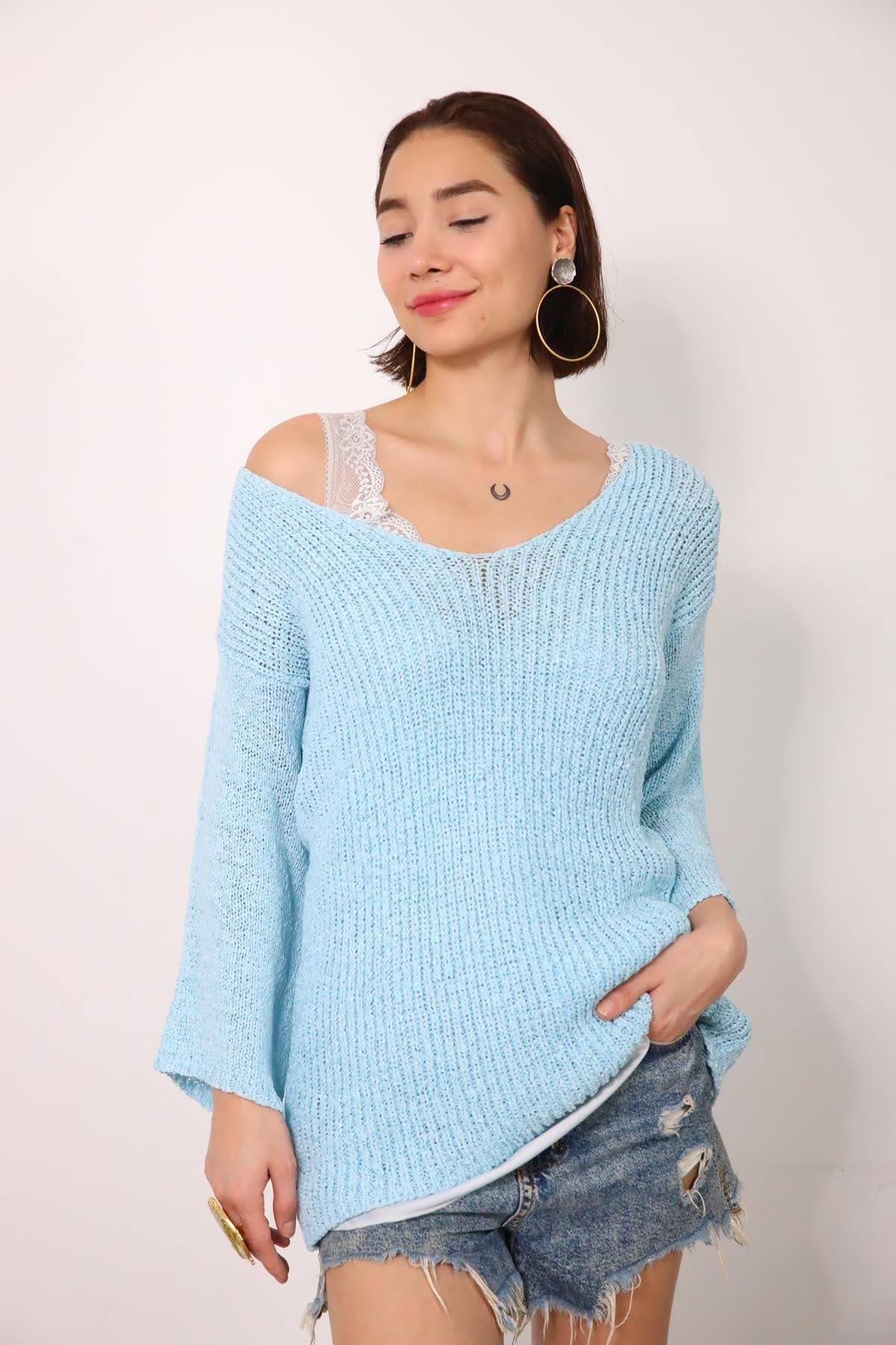 Açık Mavi V Yaka Uzun Kollu Merserize - Şaman Butik Açık Mavi V Yaka Uzun Kollu Merserize