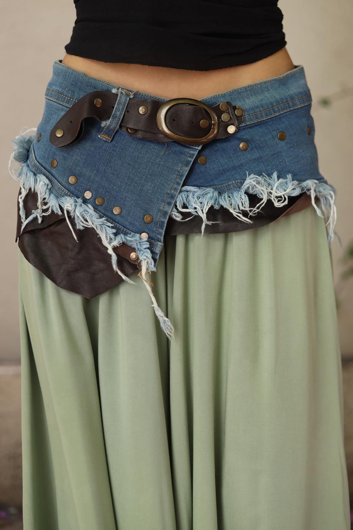 Brown Denim Detailed Leather Belt