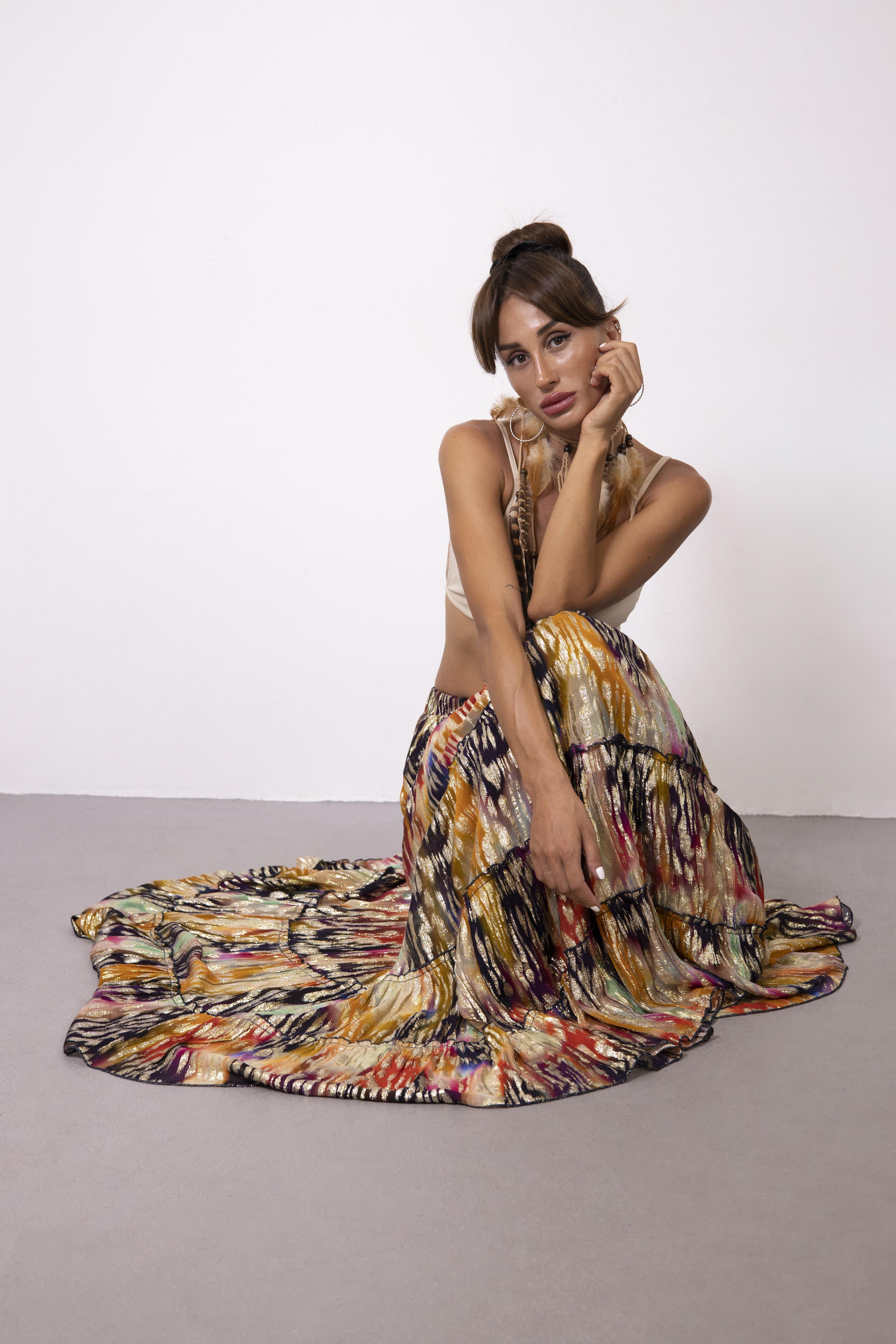 Renkli Yaldızlı Kat Kat Şifon Etek - Şaman Butik Renkli Yaldızlı Kat Kat Şifon Etek