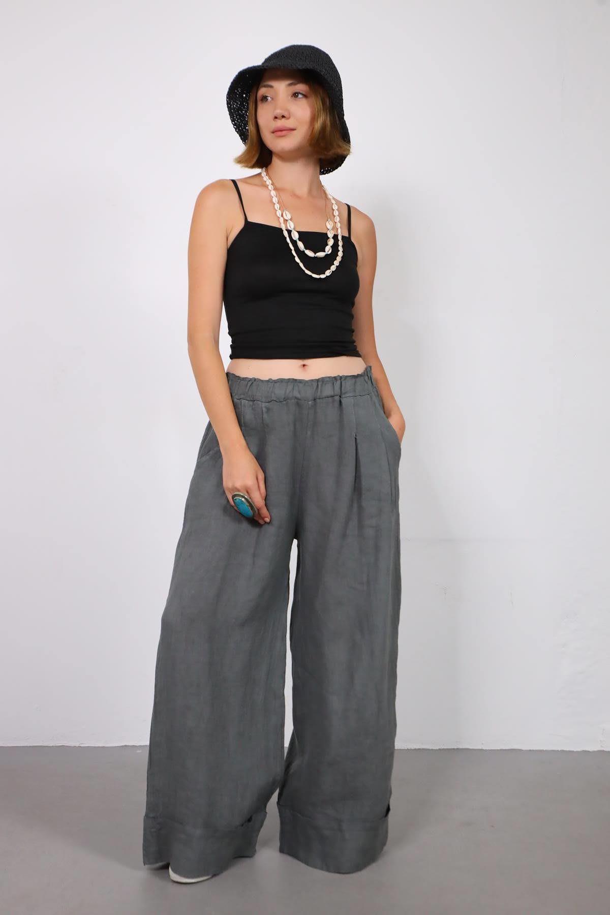 Antrasit Duble Paça Pileli Keten Pantolon - Şaman Butik Antrasit Duble Paça Pileli Keten Pantolon