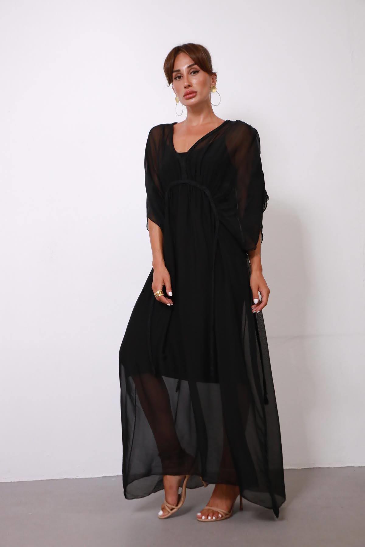  Siyah Örgü Detaylı Astarlı İpek Elbise