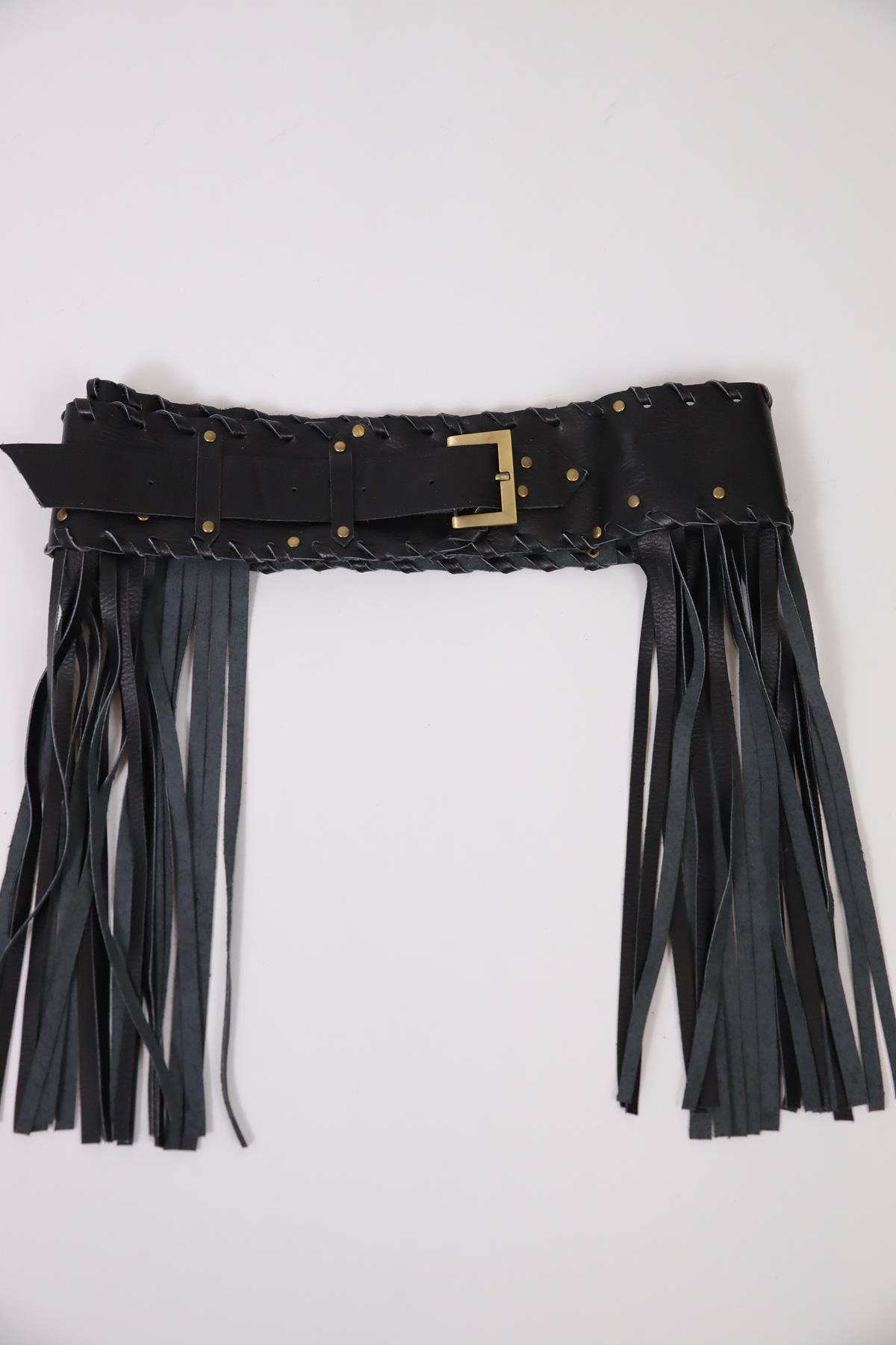 Siyah Püsküllü Deri Kemer - Şaman Butik Siyah Püsküllü Deri Kemer