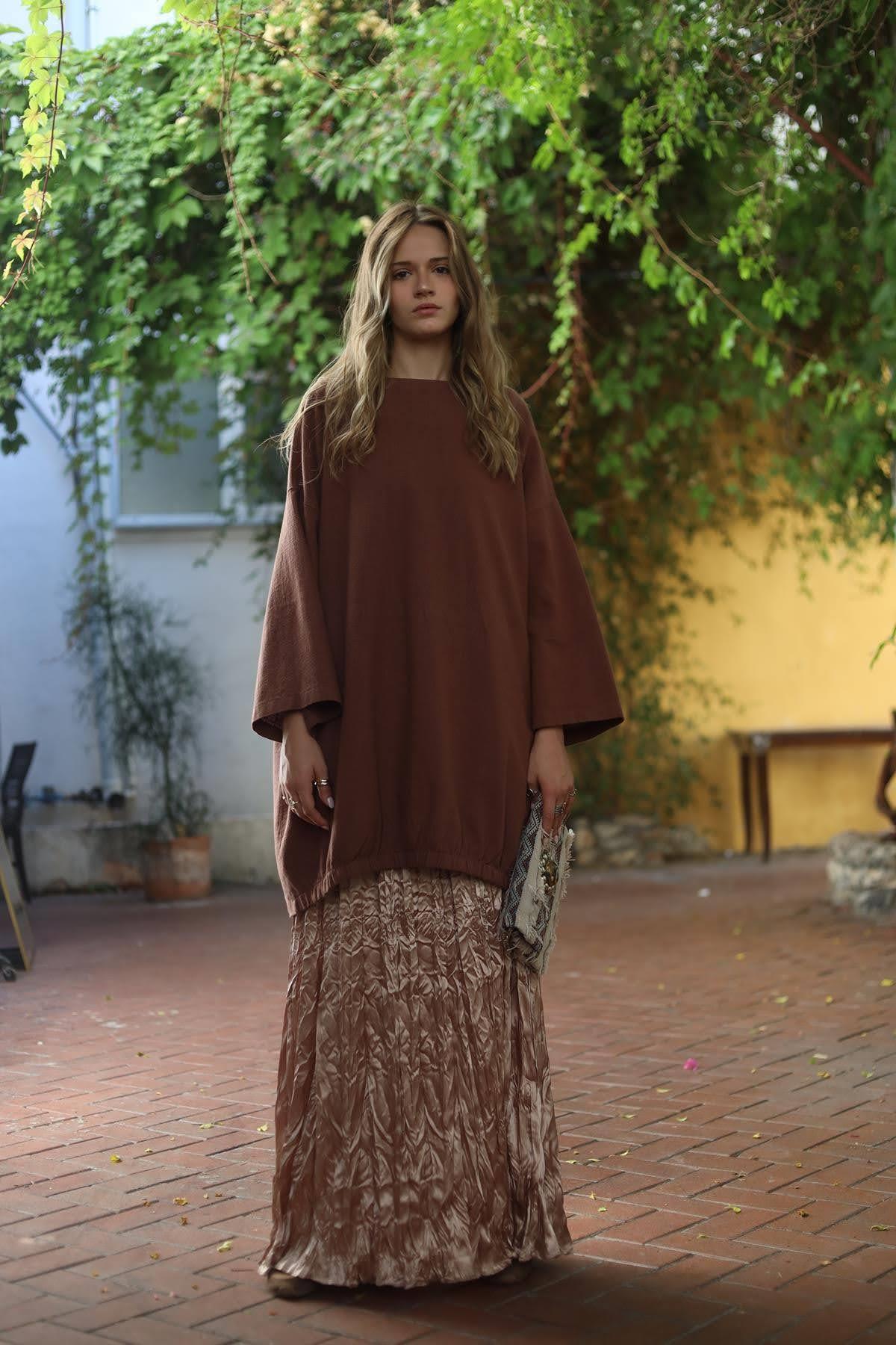 Acı Kahve Bisiklet Yaka Eteği Lastikli Salaş Elbise