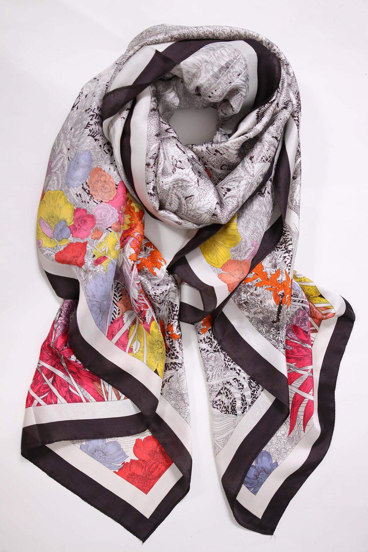 Açık Gri Desenli Otantik İpek Şal - Şaman Butik Açık Gri Desenli Otantik İpek Şal