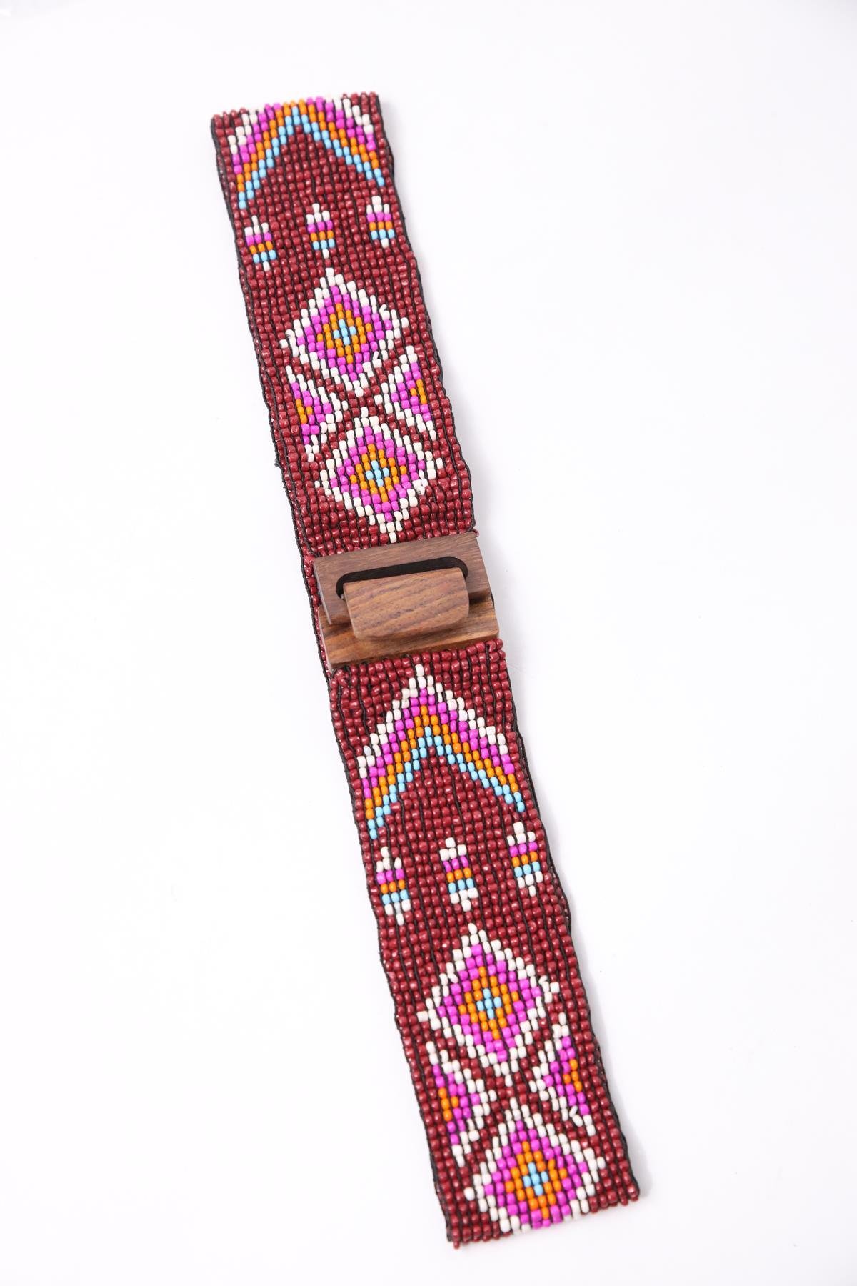 Claret Red Wooden Buckle Detailed Beaded Elastic Belt